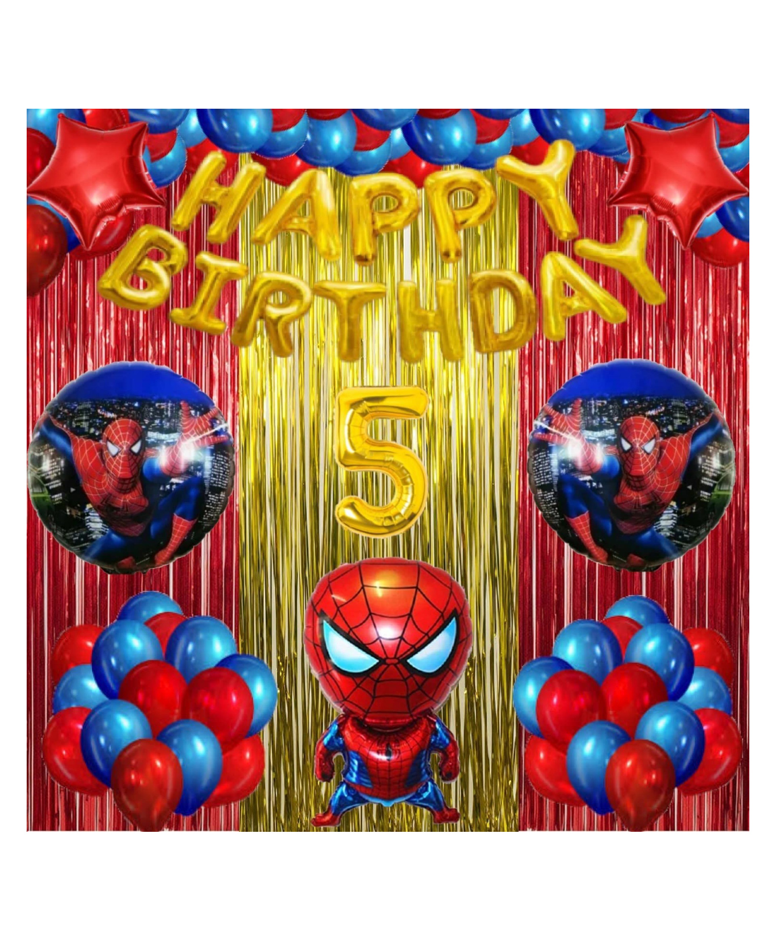 Bubble Trouble Gold Balloons 5 no with Spiderman Theme Birthday Decoration Items or Kit Gold Foil Banner (Aluminium) Set of 13 Letters with 30 HD Royal Blue & Red Metallic Balloons birthday-image-45