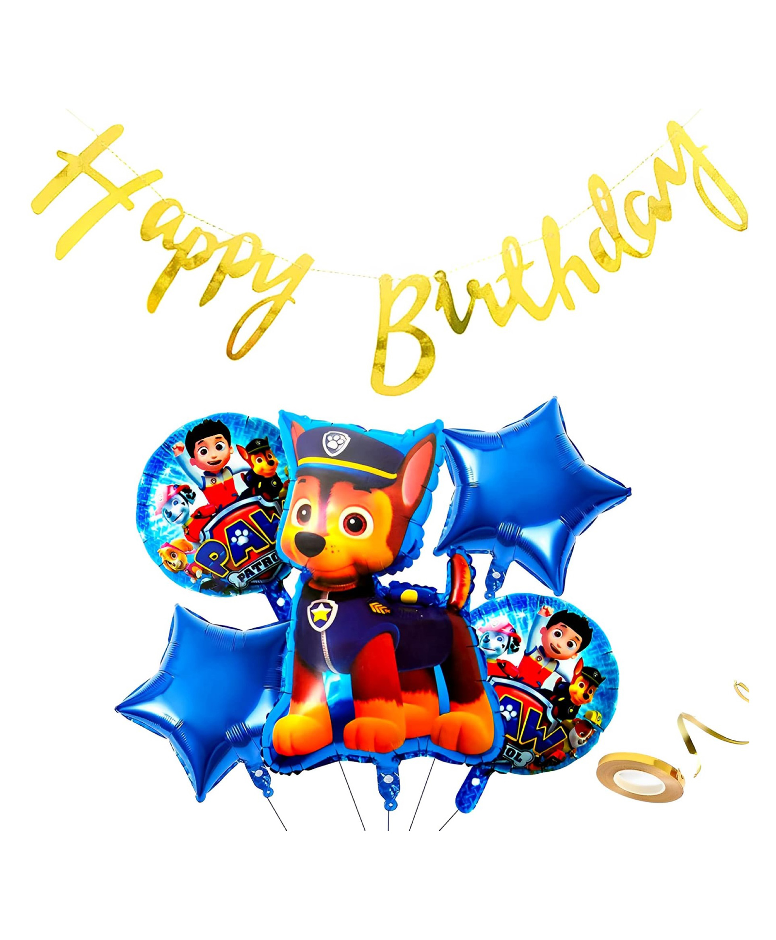 Bubble Trouble Paw Patrol Foil Balloon Pack of 5 with Happy Birthday Golden Cursive Banner Pack of 5 Baby Birthday Party Supplies Item-image-49