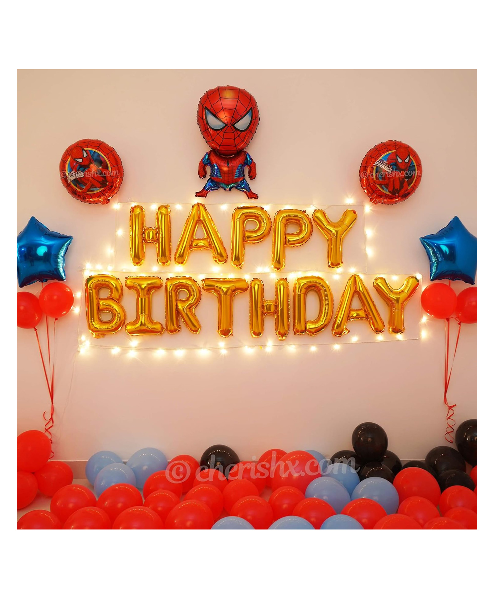 Bubble Trouble Spider Theme Kid's Birthday Decoration Kit - 66 Pcs Combo - Spider Theme Foil Balloon & Stars foil Balloon, Red, Blue & Black Latex Balloon, LED & Balloon Pump-picture-15