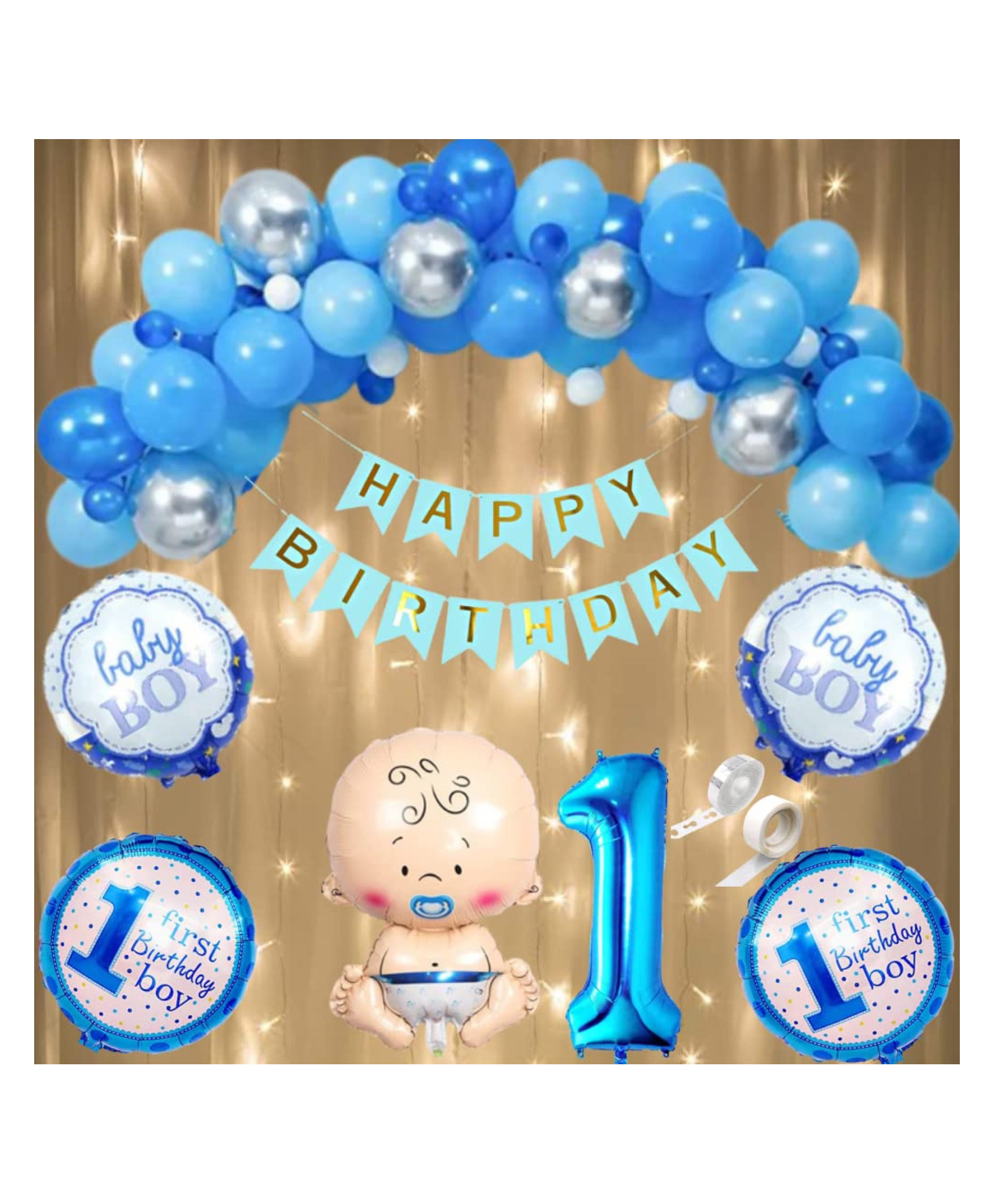 Bubble Trouble 50 pcs Happy 1st Birthday Decoration Kit for Baby Boy Foil Balloons Led Light Decor First Birthday Decorations Boy 1 Year Bday Decorations Items Balloon Arch Garland (Pack of 50, Blue)-image-33