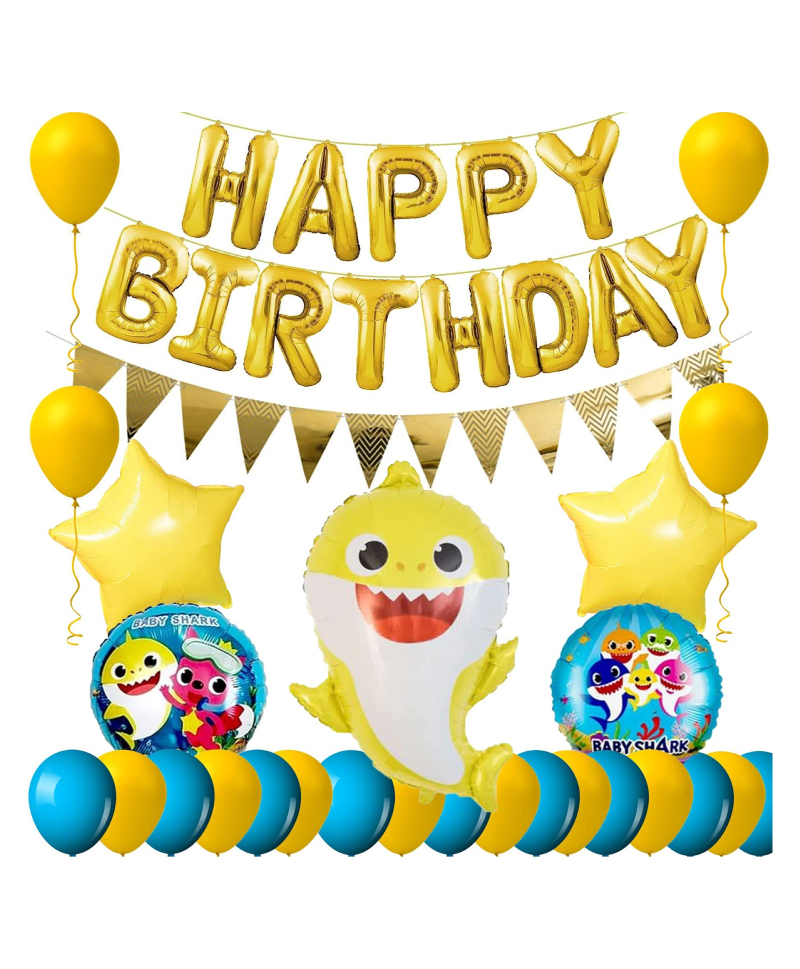 Bubble Trouble Yellow Baby Shark Theme Birthday Decorations with Happy Birthday Golden Foil Balloons/ Star & Round Foil Balloons/ Bunting Flag/ Blue & Yellow Latex Metallic Balloons Pack of 40 Pcs-image-28