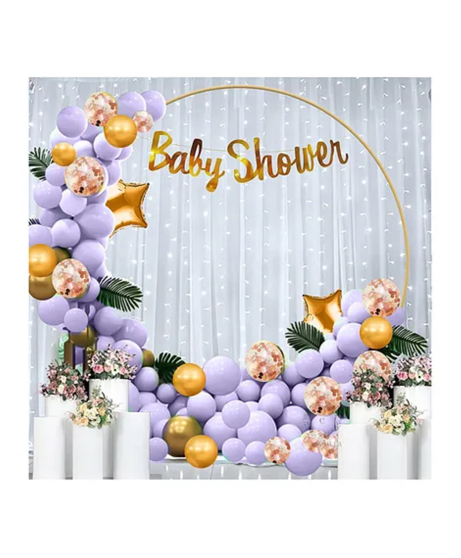 Bubble Trouble Baby Shower Decoration Items Kit for Home Mom to be Decor Baby Shower Banner Purple Pastel Balloons Golden Foil Star Arch Strip Metallic Balloons Maternity Photoshoot Set of 44pcs-image-39