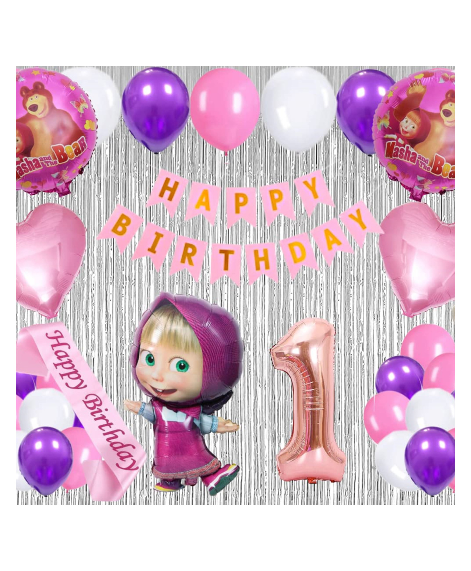 Bubble Trouble 41 Pcs 1st Birthday Decoration for Girls Character Foil Balloons Silver Curtain Pink Sash Masha Theme First Birthday Decoration Metallic Balloon Bear Decorations (Pack of 41, Pink)-image-5