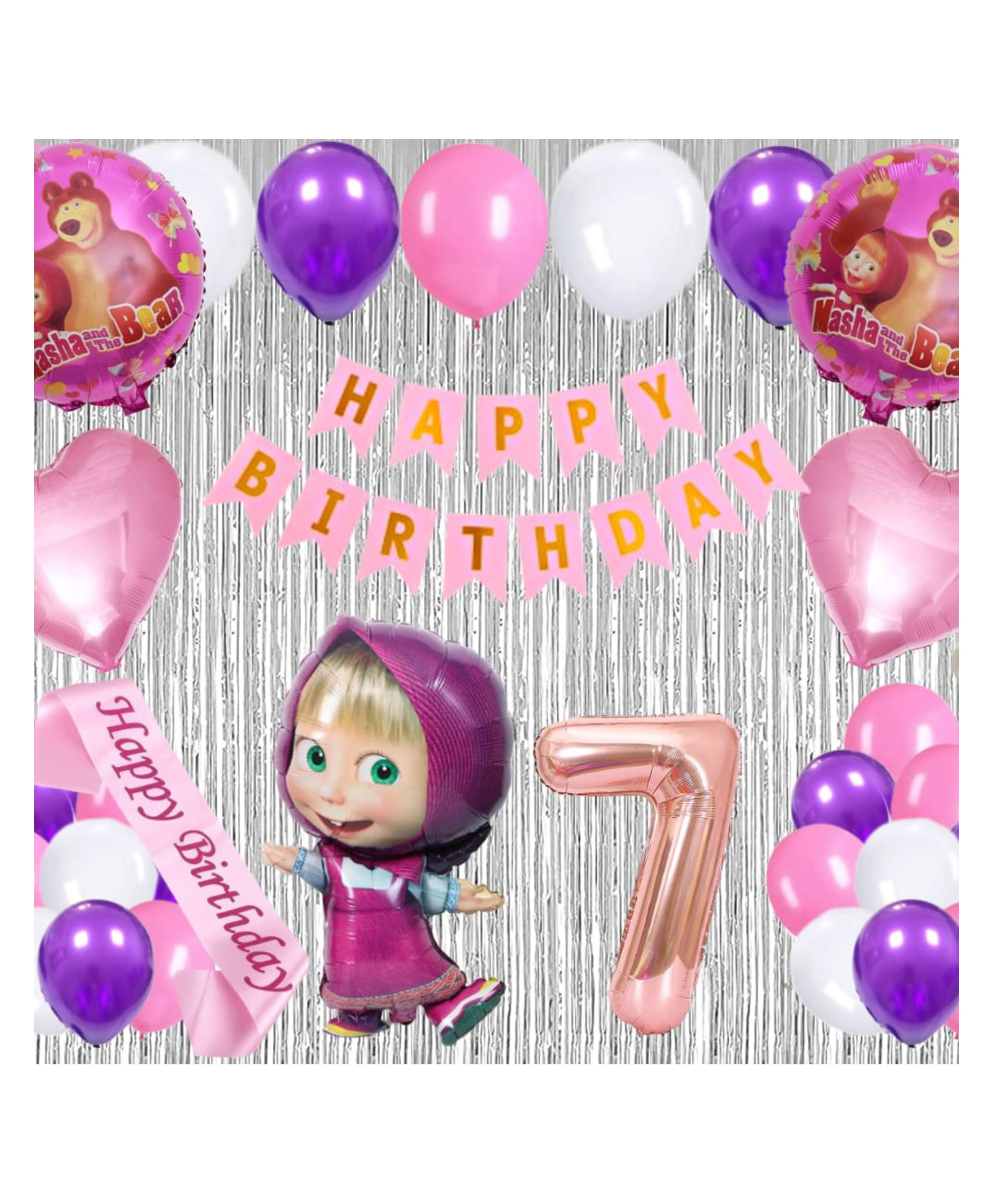 Bubble Trouble 41 Pcs 7th Birthday Decoration for Girls Character Foil Balloons Silver Curtain Pink Sash Masha Theme Seventh Birthday Decoration Metallic Balloon Bear Decorations (Pack of 41, Pink)-image-8