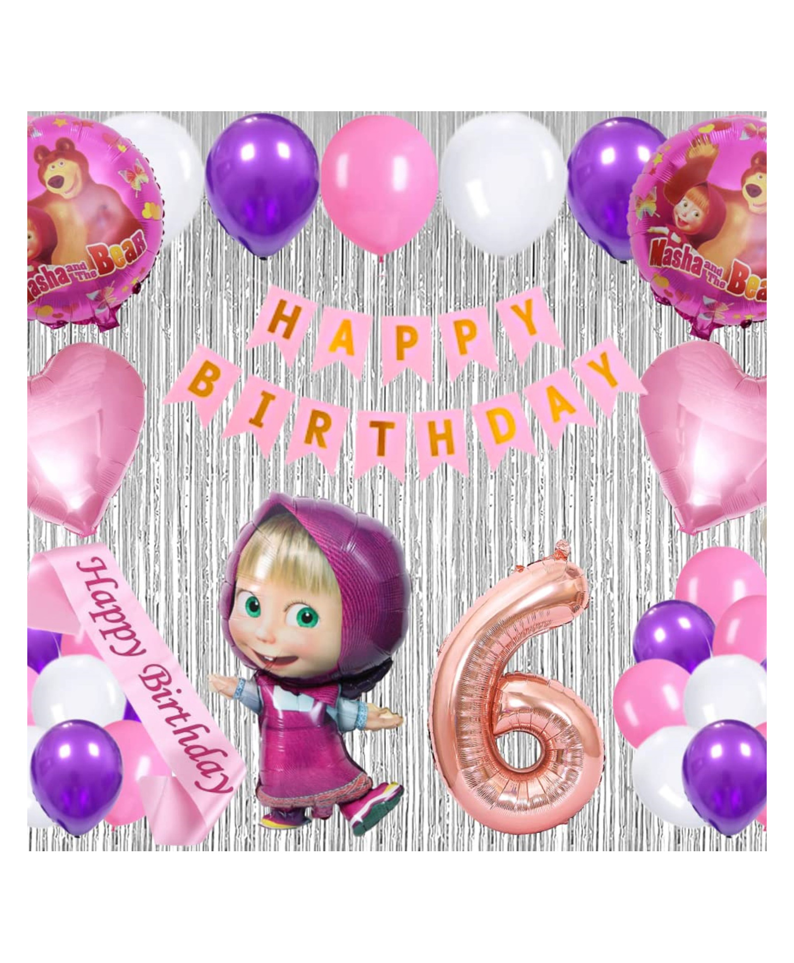 Bubble Trouble 41 Pcs 6th Birthday Decoration for Girls Character Foil Balloons Silver Curtain Pink Sash Masha Theme Sixth Birthday Decoration Metallic Balloon Bear Decorations (Pack of 41, Pink)-image-6