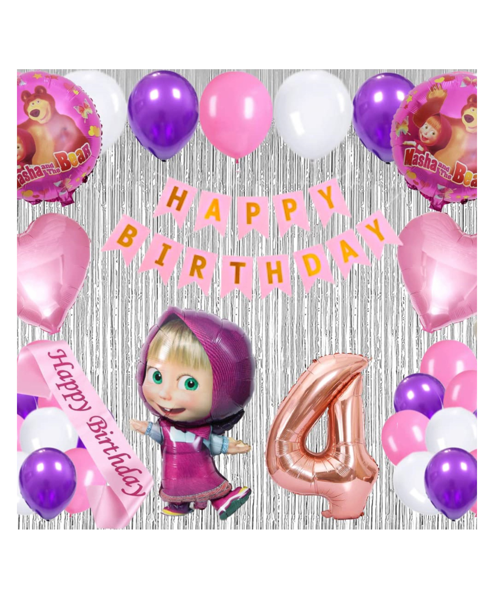 Bubble Trouble 41 Pcs 4th Birthday Decoration for Girls Character Foil Balloons Silver Curtain Pink Sash Masha Theme Fourth Birthday Decoration Metallic Balloon Bear Decorations (Pack of 41, Pink)-image-7