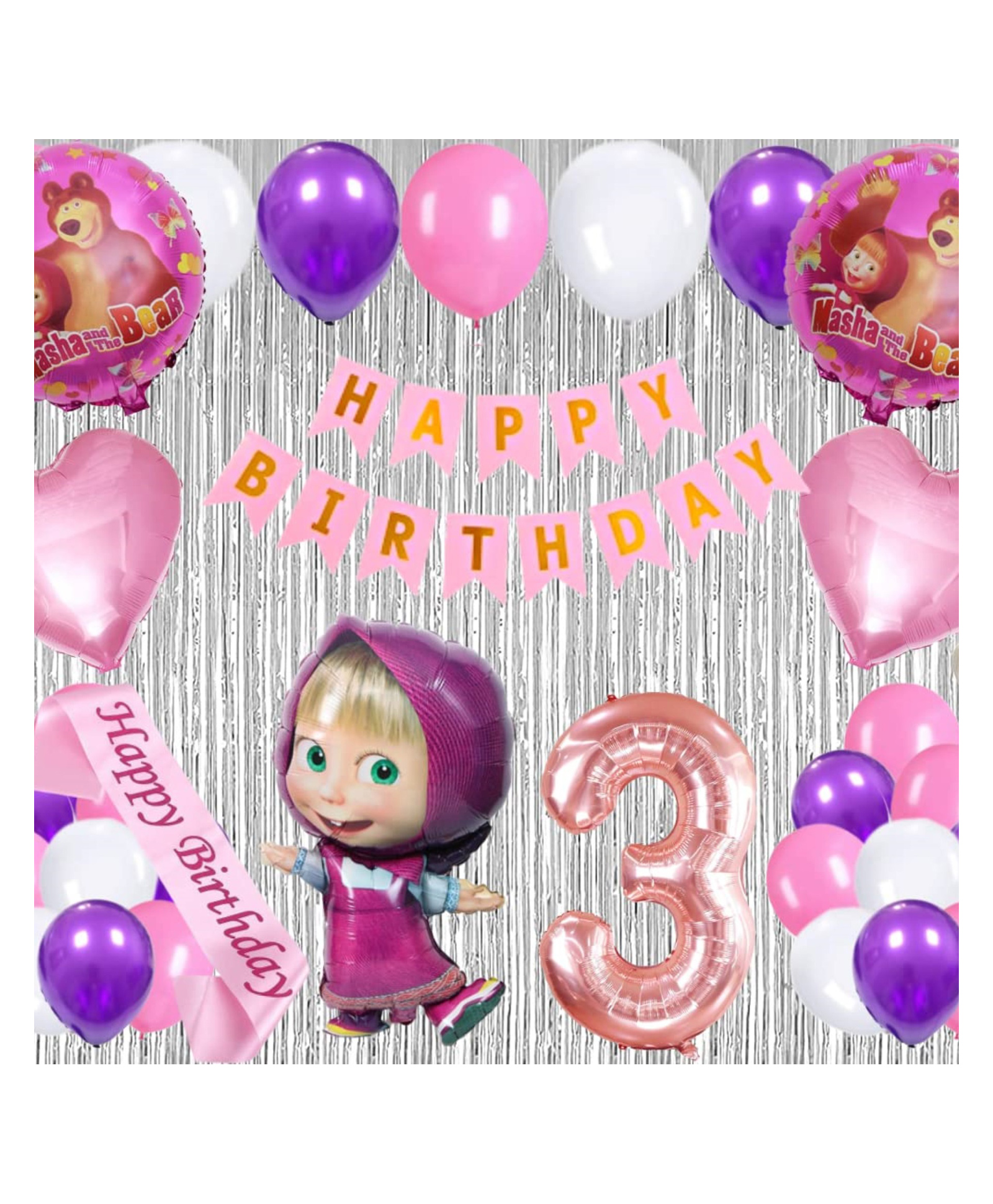 Bubble Trouble 41 Pcs 3rd Birthday Decoration for Girls Character Foil Balloons Silver Curtain Pink Sash Masha Theme Third Birthday Decoration Metallic Balloon Bear Decorations (Pack of 41, Pink)-image-10