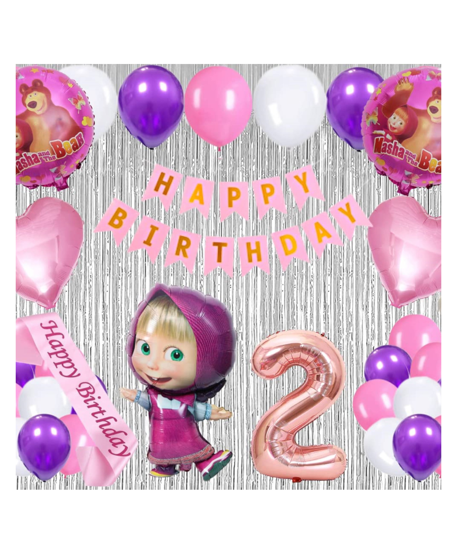 Bubble Trouble 41 Pcs 2nd Birthday Decoration for Girls Character Foil Balloons Silver Curtain Pink Sash Masha Theme Second Birthday Decoration Metallic Balloon Bear Decorations (Pack of 41, Pink)-image-9