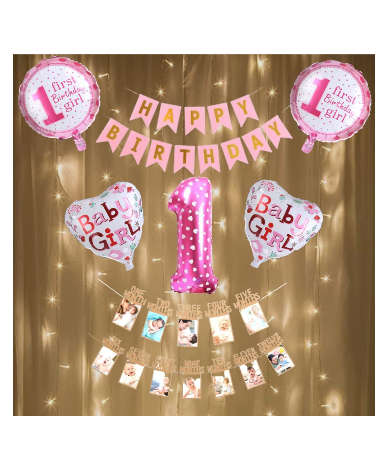 Bubble Trouble 31 Pcs Latex 1st Birthday Baby Girl Combo Photo Banner Light Heart Round Balloons Decorative Set Decoration Items Room Decor for Girls Party Theme First Bday for Kids (Pack of 31, Pink)-picture-11