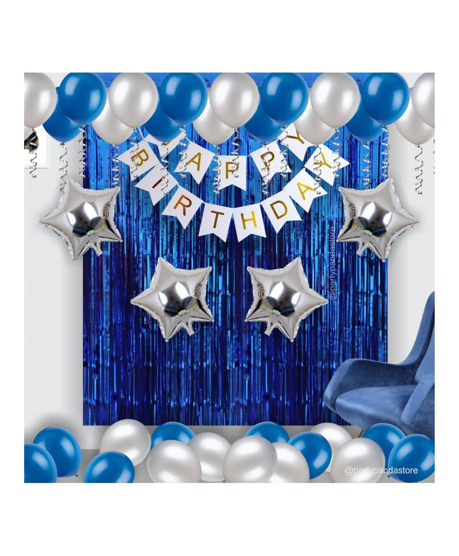 Bubble Trouble Happy Birthday Decoration Combo Kit for Boys 31 Pcs with Foil Curtains, HBD Banner, Star Shaped & Metallic Balloons ( Blue- Silver)-image-11