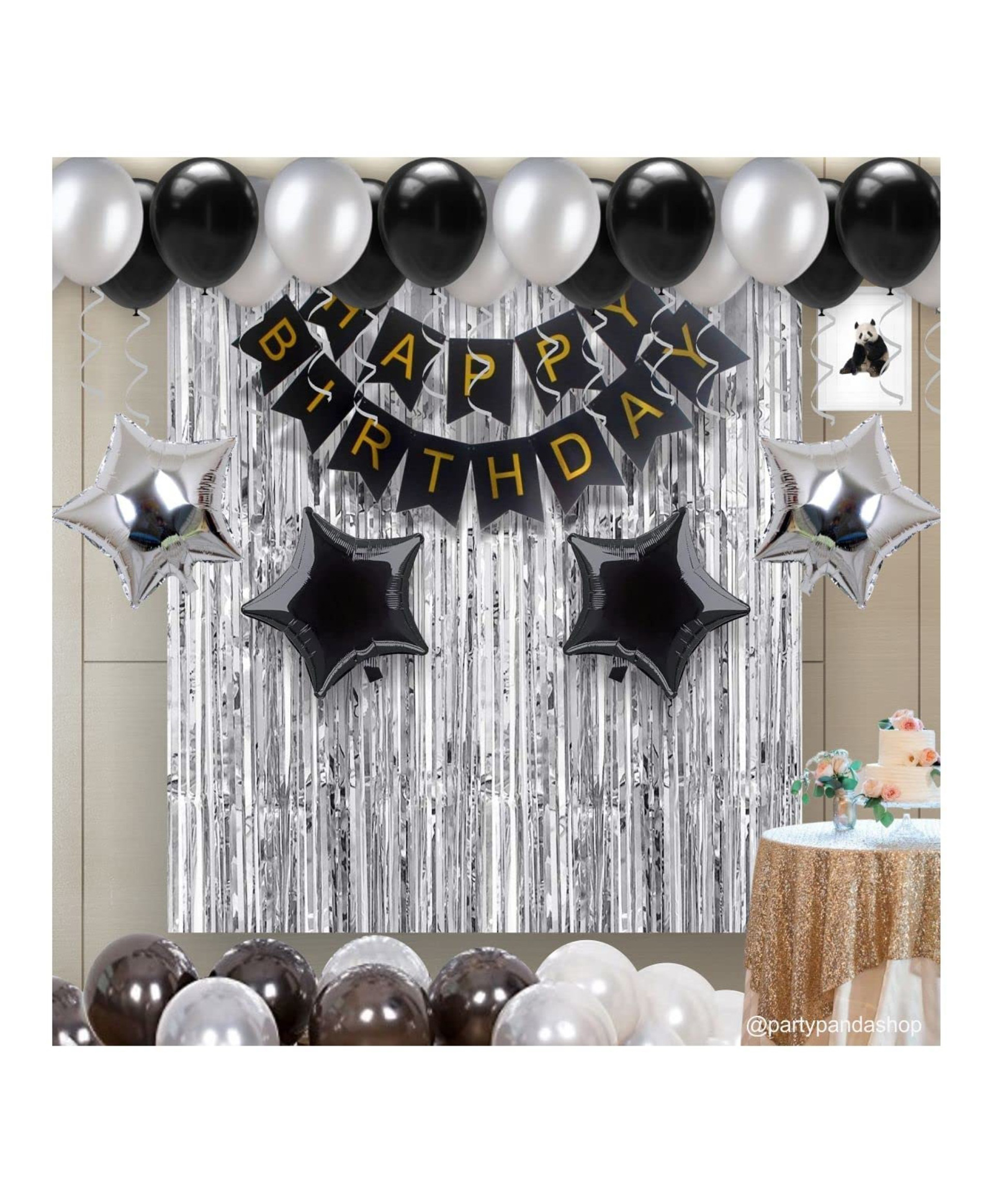 Bubble Trouble Happy Birthday Decoration Combo Kit for Boys & Girls 31 Pcs with Foil Curtains, HBD Banner, Star Shaped & Metallic Balloons ( Silver -Black)-image-10