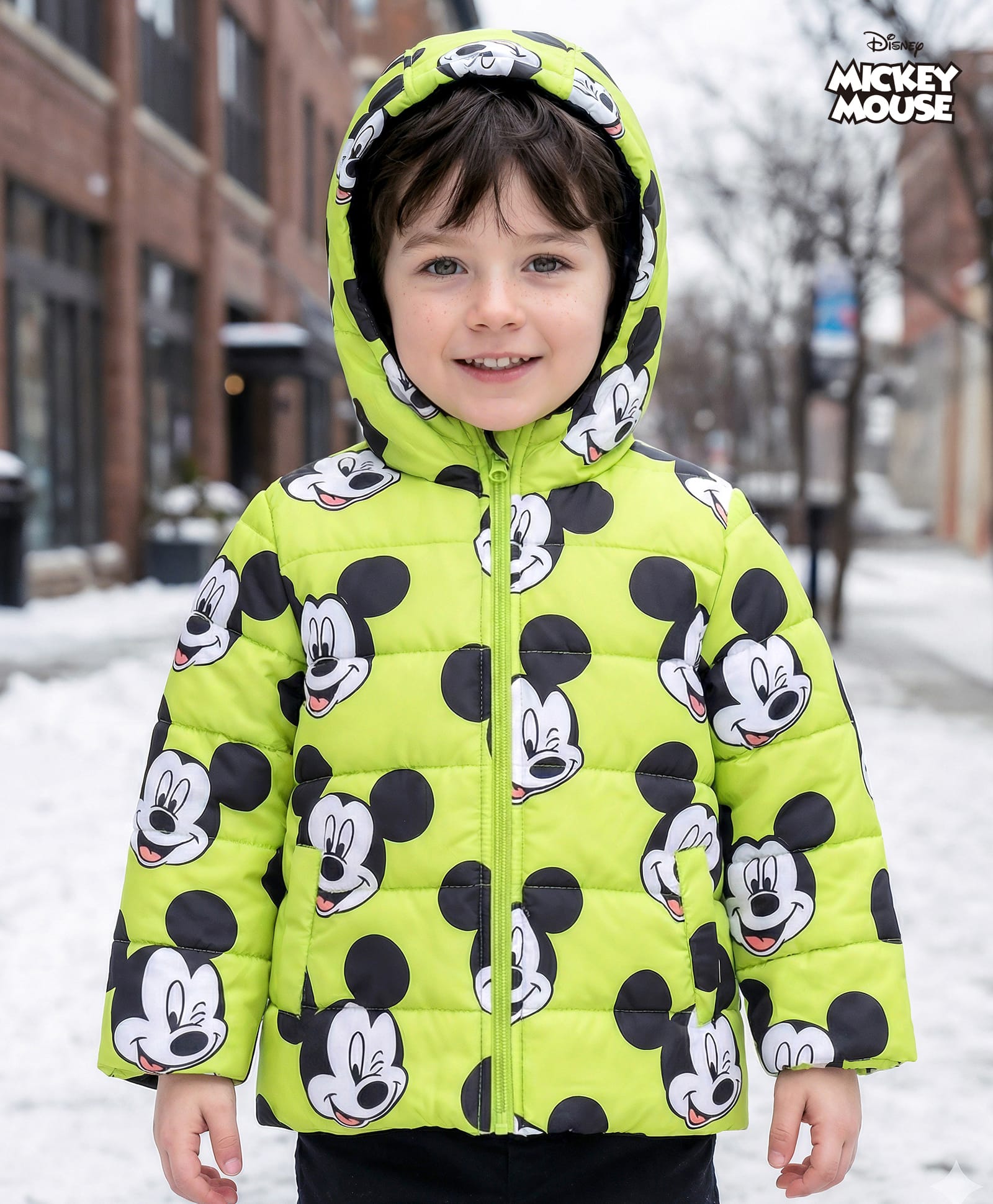 Babyhug Disney Full Sleeves Front Open Padded Hooded Jacket with Mickey Mouse Graphics - Limegreen-picture-27