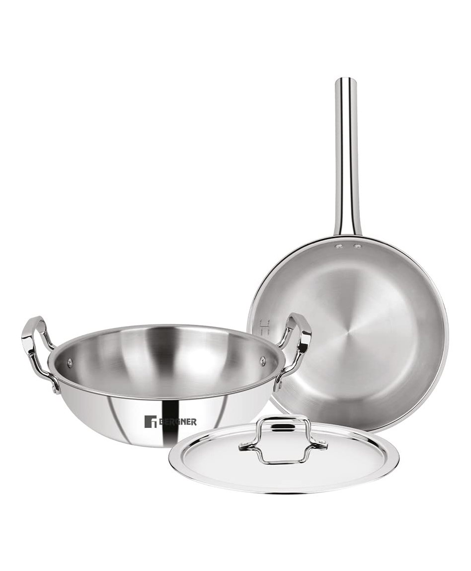 Bergner Tripro Triply Stainless Steel 3 Pc Cookware Set, 24 cm (3 Litre) Indian Wok/Kadai with Lid, 24 cm Frypan (1.5 Litre) Without Lid-image-27