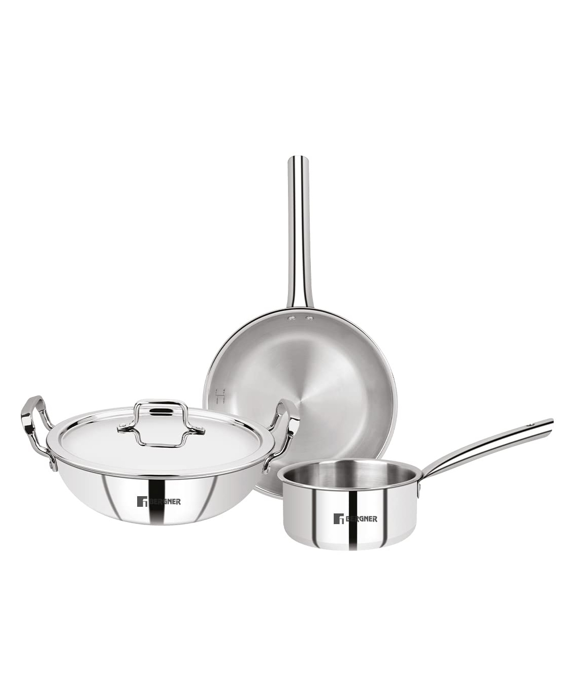 Bergner Tripro Triply Stainless Steel 4 Pc Cookware Set, 24 cm (3 Litre) Indian Wok/Kadai with Lid, 24 cm (1.5 Litre) Frypan, 16 cm (1.7 Litre) Teapan-image-28