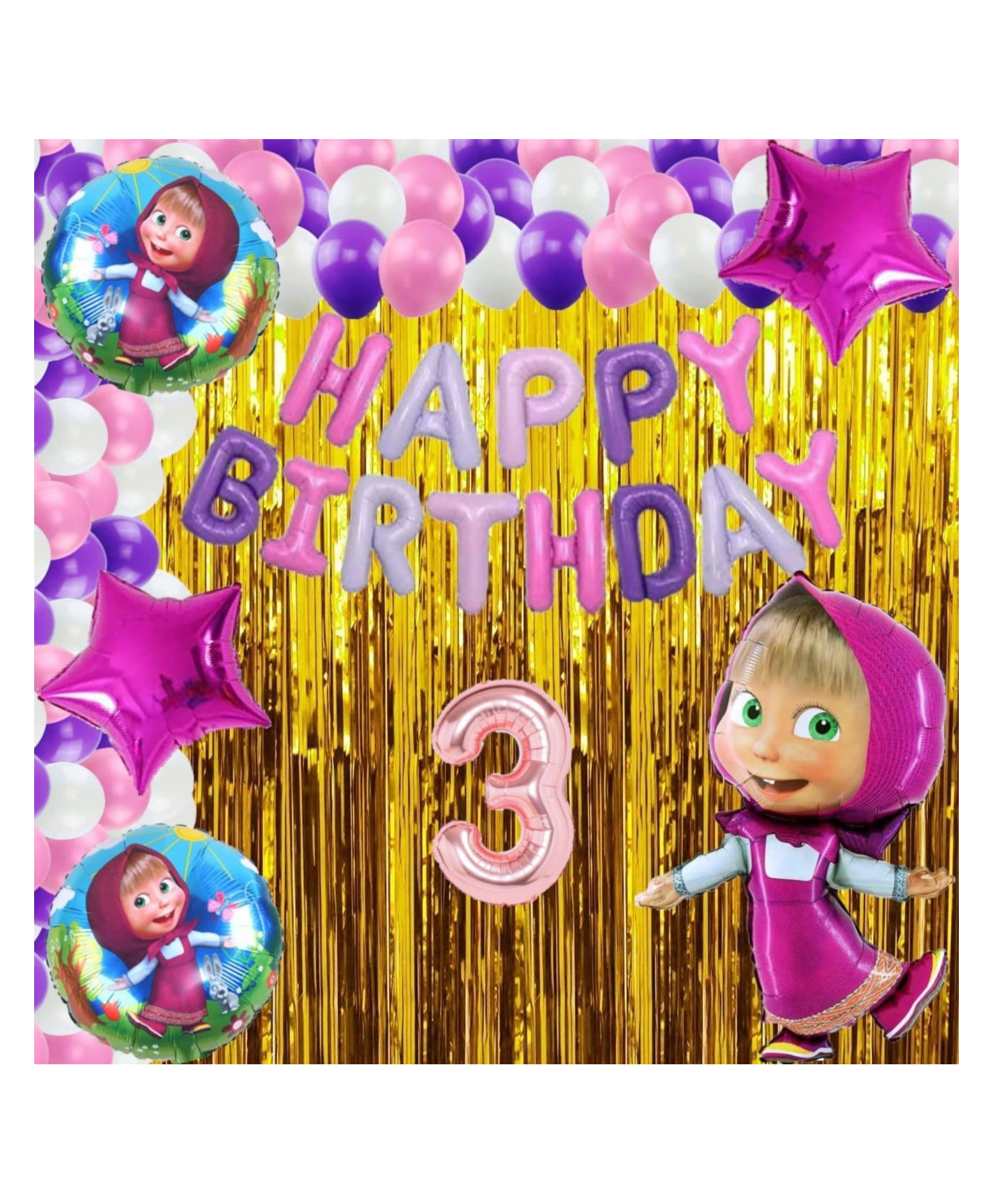 Bubble Trouble No 3 Rose Gold Balloons with Masha Theme Birthday Decoration Items or Kit Multicolor Pack of 51-image-38