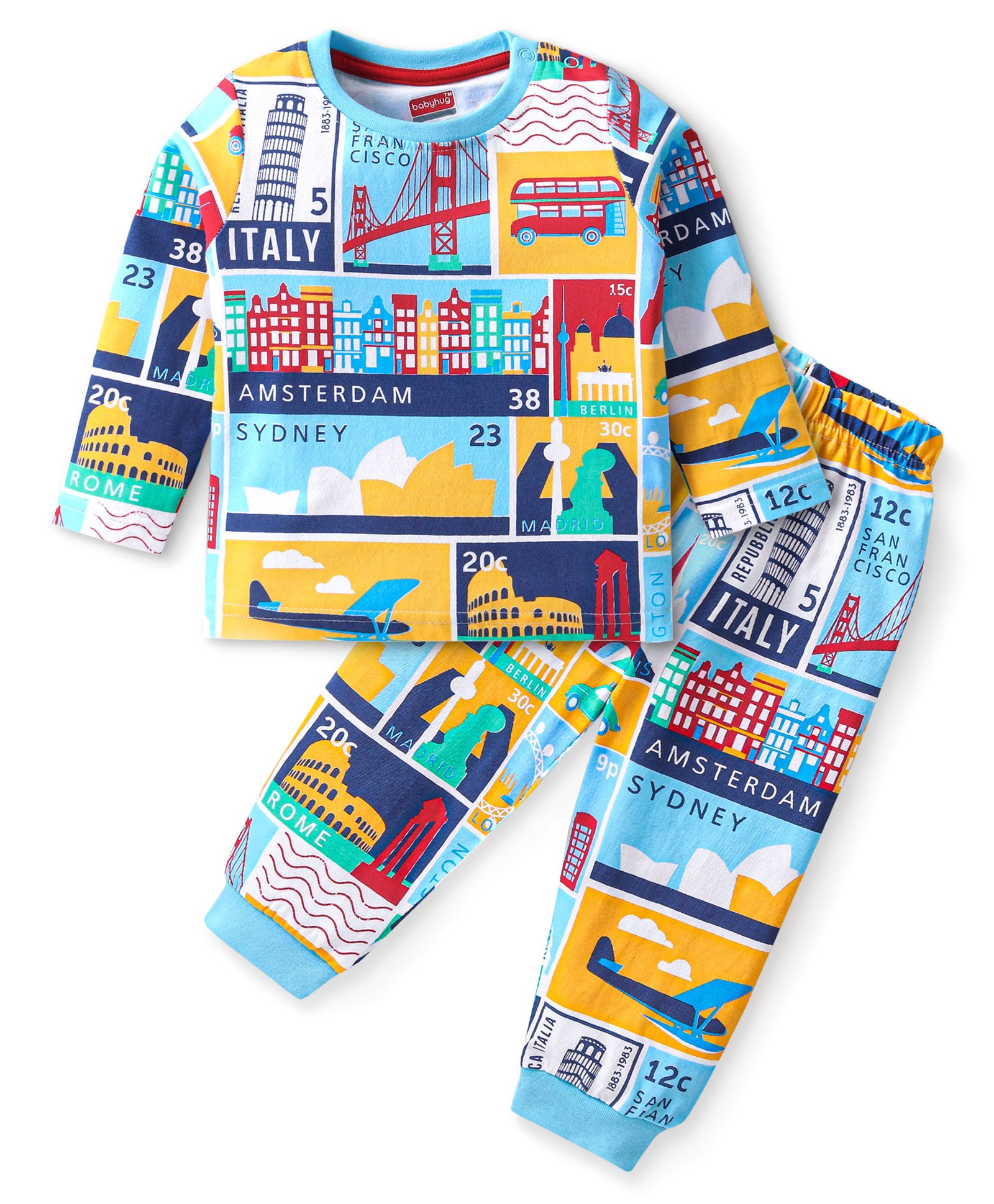 Babyhug Cotton Knit Full Sleeves Night Suit with Vehicle & Text Print - Multicolour