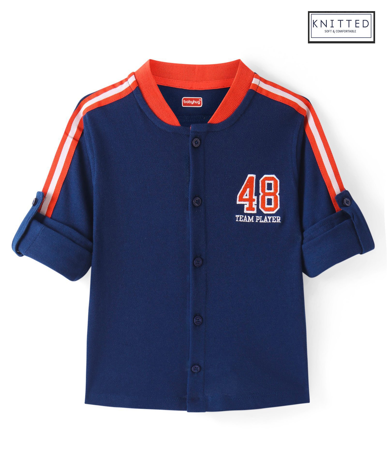 Babyhug Cotton Knit Full Sleeves Rib Collar Solid Shirt with Number Embroidery - Navy Blue-image-26