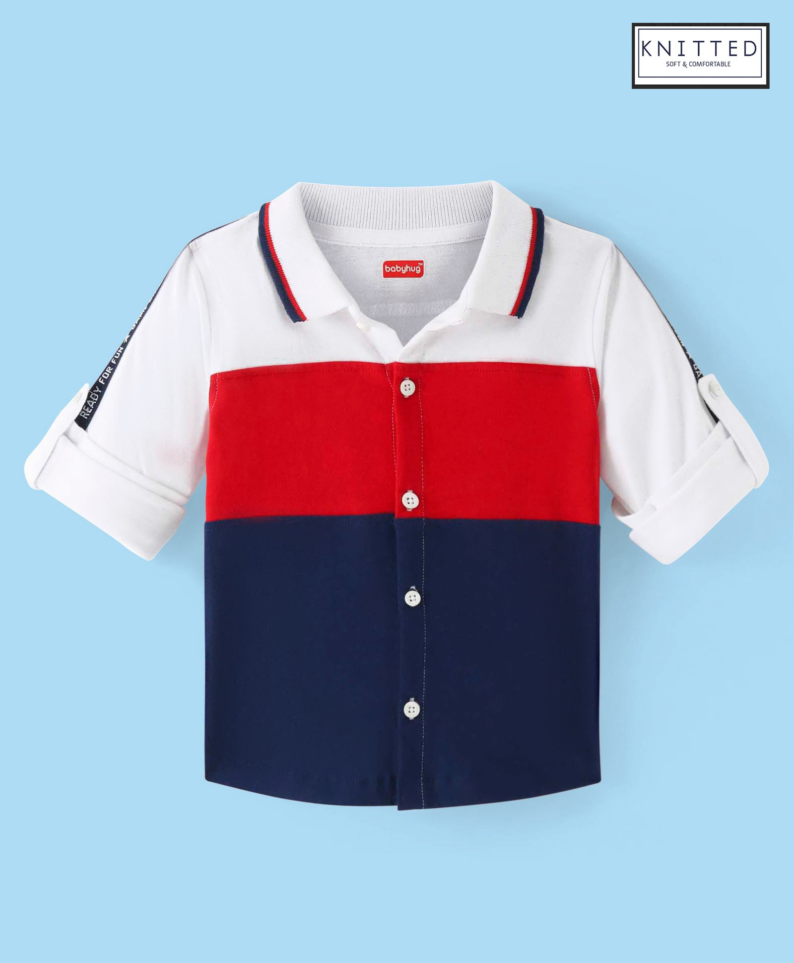 Babyhug Cotton Knit Full Sleeves Rib Collar Solid Colour Block Shirt - White Red & Navy-picture-15