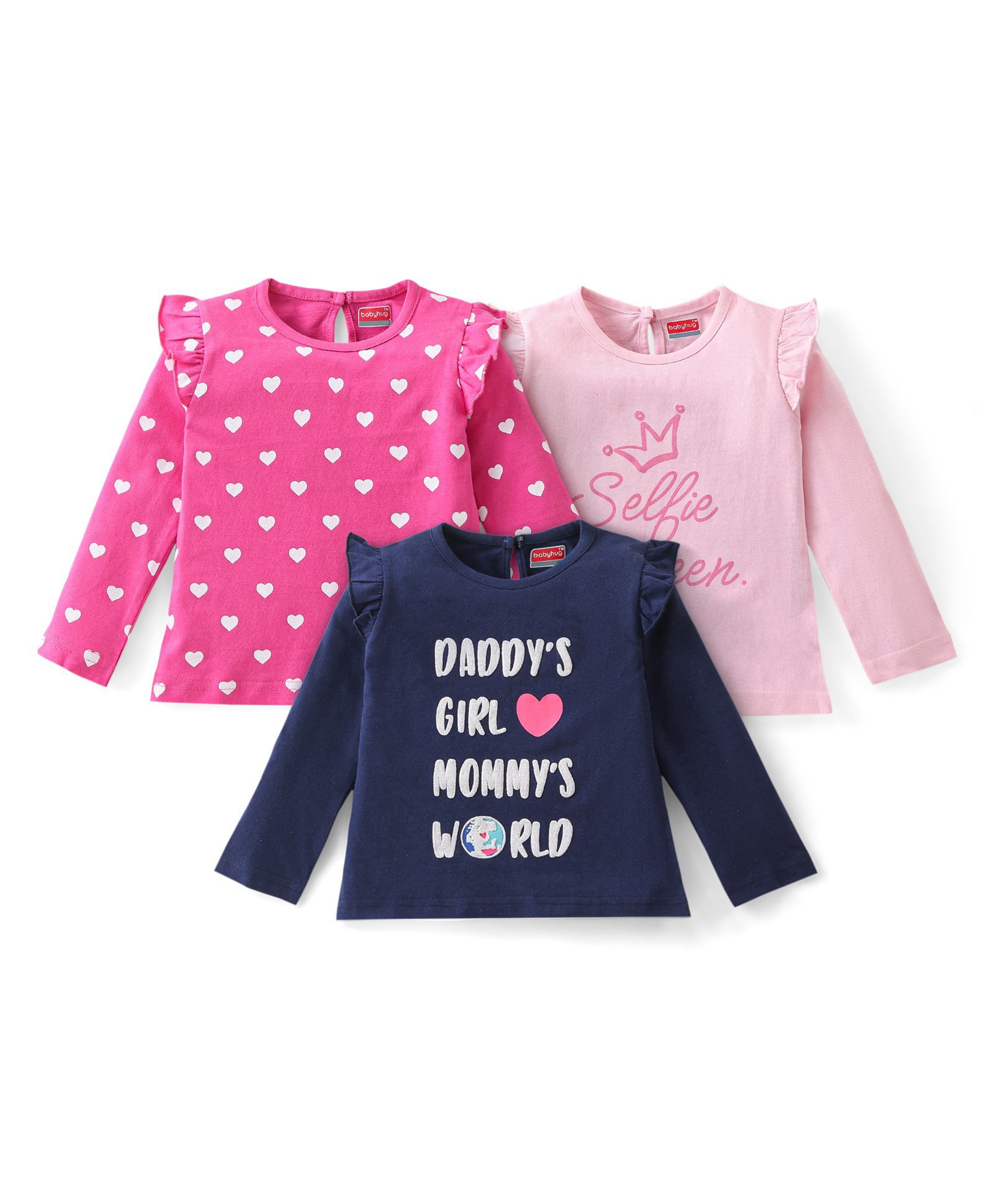 Babyhug Cotton Knit Full Sleeves Tops with Polka Dot & Text Print Pack of 3 - Multicolor-image-45