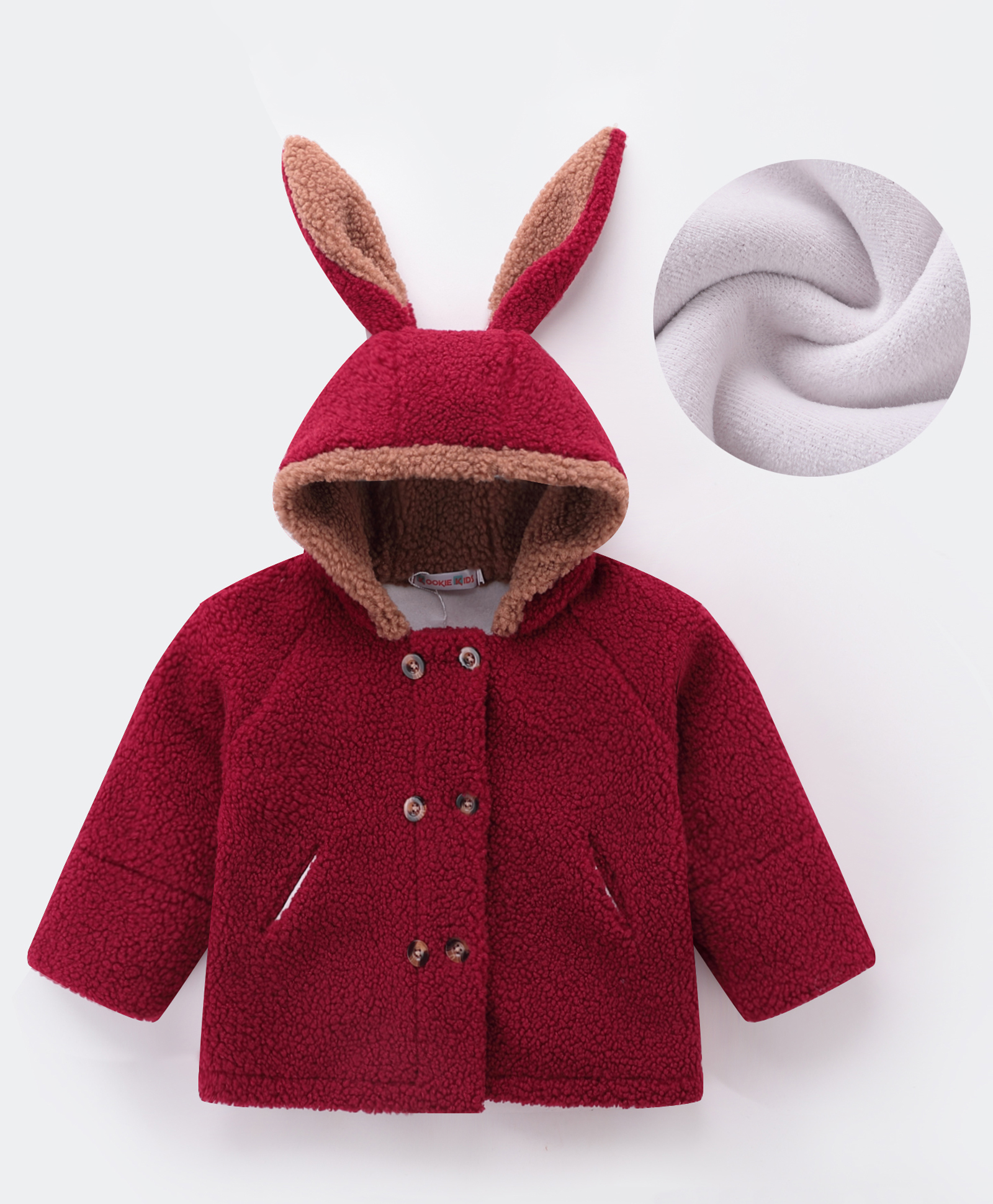 Kookie Kids Full Sleeves Hooded Winter Fur Jacket with 3D Bunny Applique & Pockets - Red-image-18