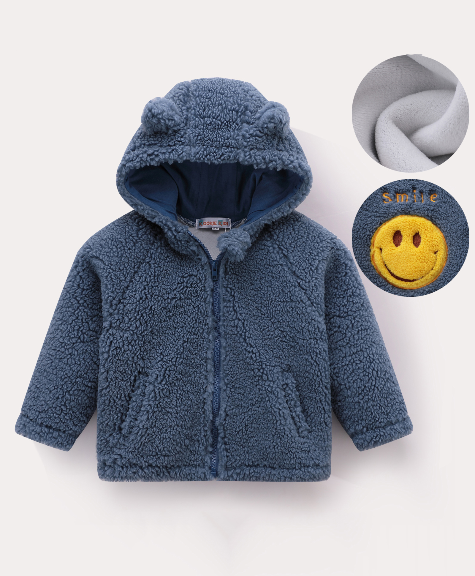 Kookie Kids Full Raglan Sleeves Hooded Fur Winter Jacket with Smiley Embroidery & 3DApplique - Navy Blue-picture-17