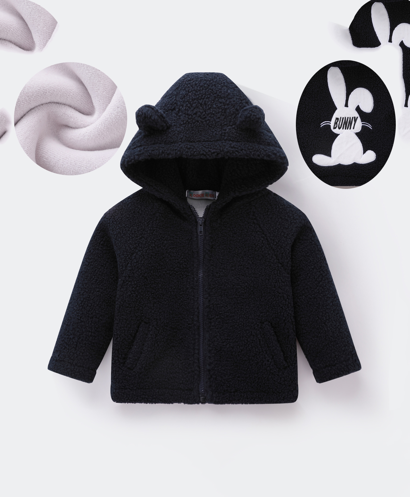 Kookie Kids Full Sleeves Hooded Fur Jacket with Bunny Patch & 3D Applique - Navy Blue-image-6
