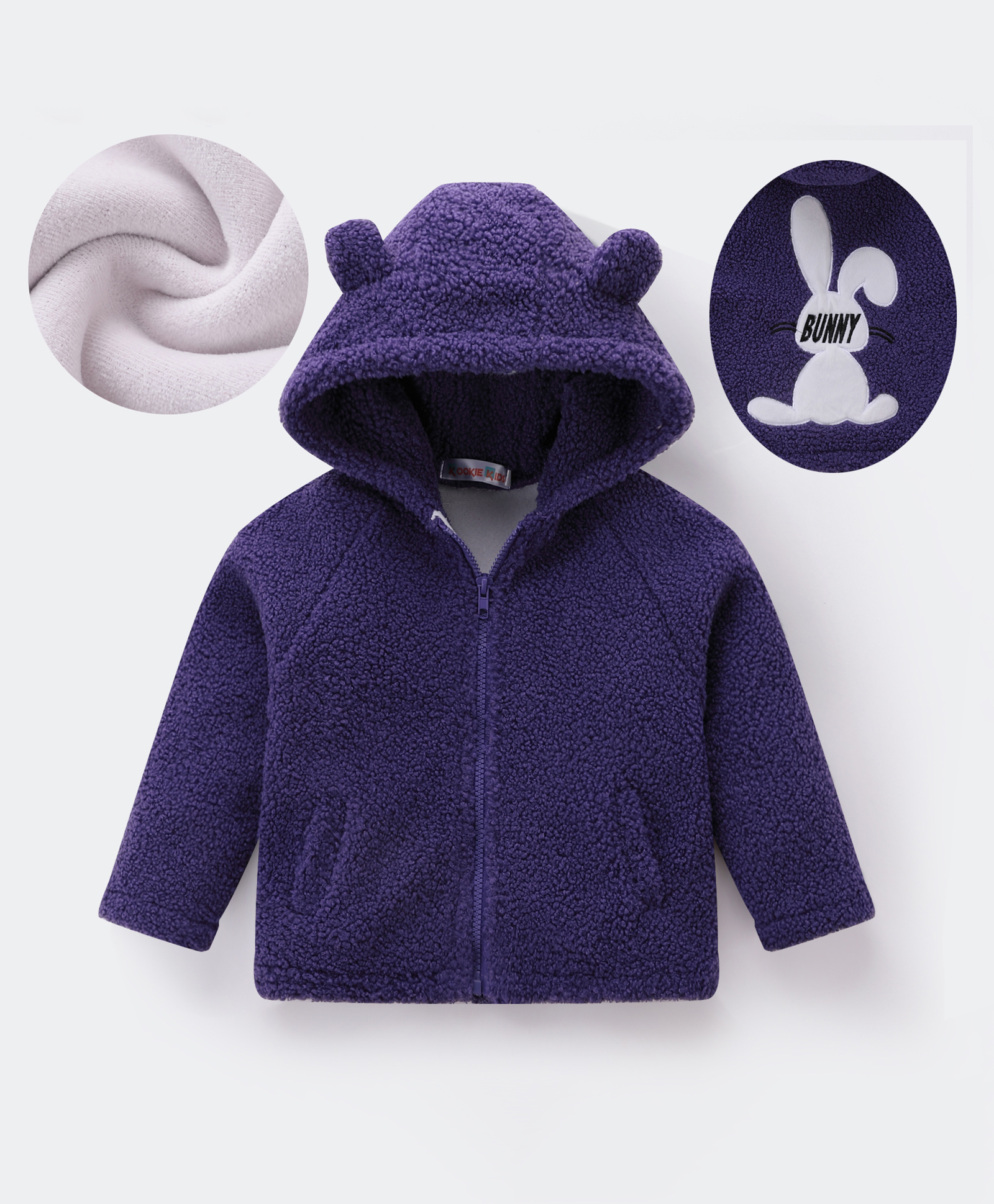 Kookie Kids Full Sleeves Hooded Fur Jacket with Bunny Patch & 3D Applique - Purple-image-7