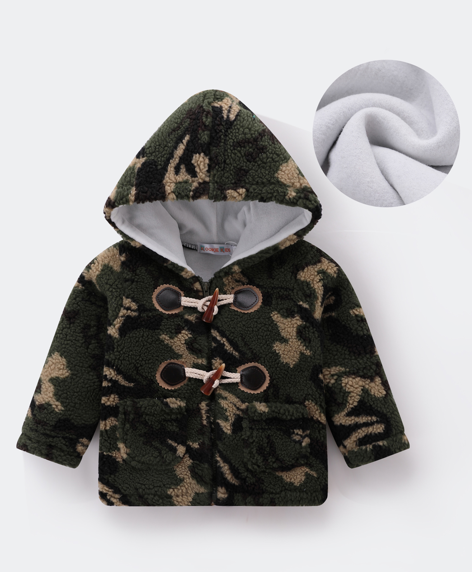Kookie Kids Full Sleeves Hooded Winter Fur Jacket with Camouflage Design - Dark Green-image-23