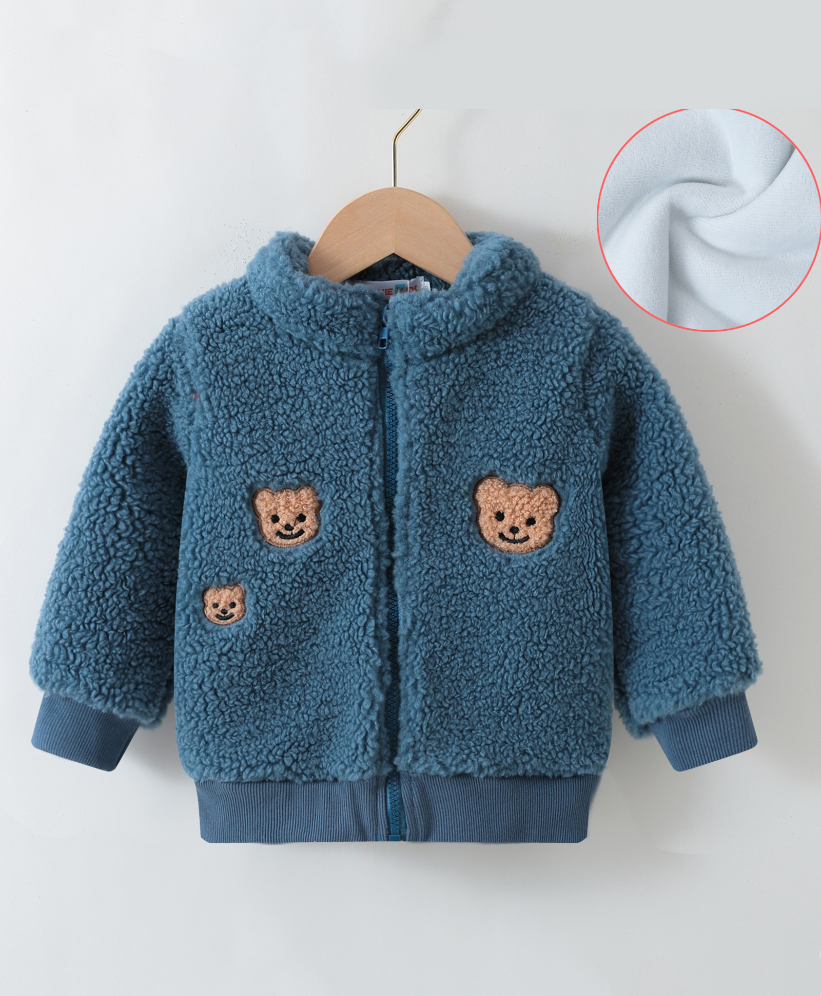 Kookie Kids Full Sleeves Winter Fur Jacket with Bear Patch - Teal Blue-image-14