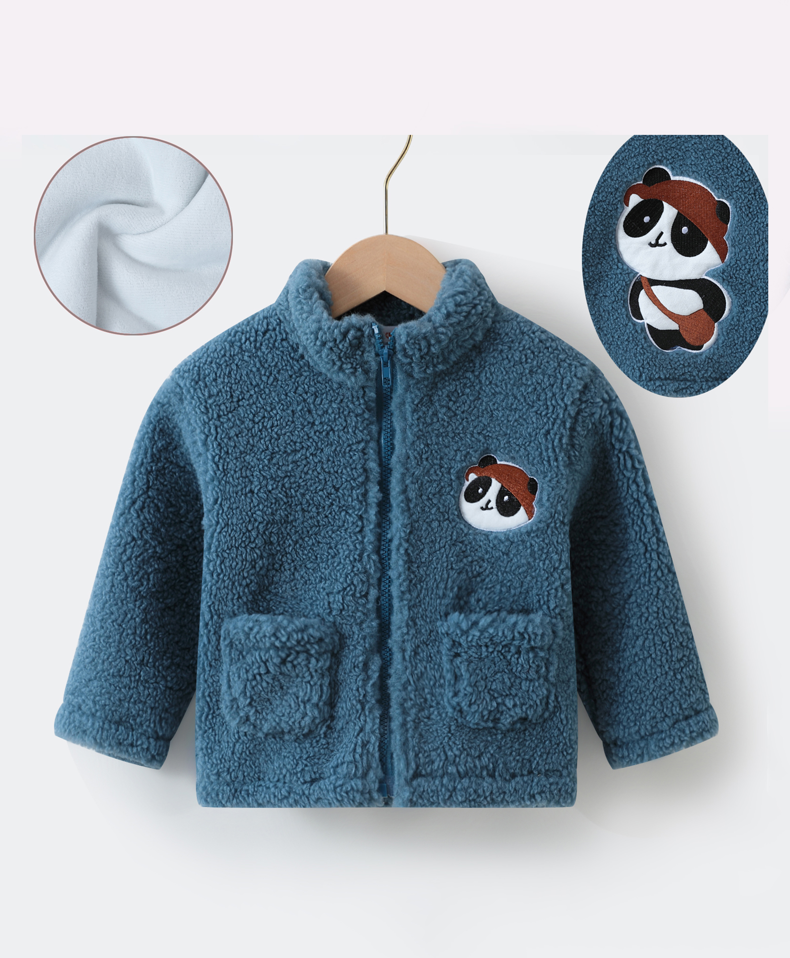 Kookie Kids Full Sleeves Winter Fur Jacket with Panda Patch & Pockets - Blue-image-14