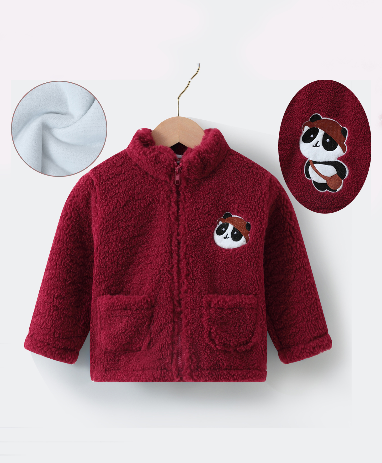 Kookie Kids Full Sleeves Winter Fur Jacket with Panda Patch & Pockets - Maroon-image-15
