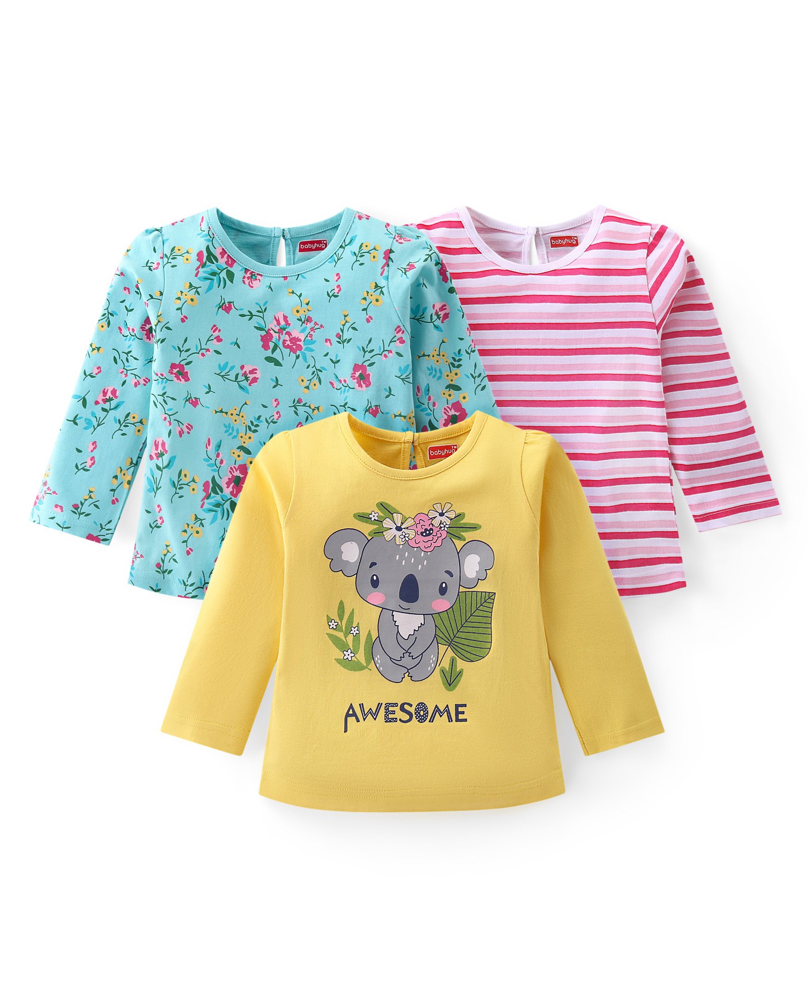Babyhug Cotton Knit Full Sleeves Top with Koala & Floral Print Pack of 3 - Multicolor-picture-28