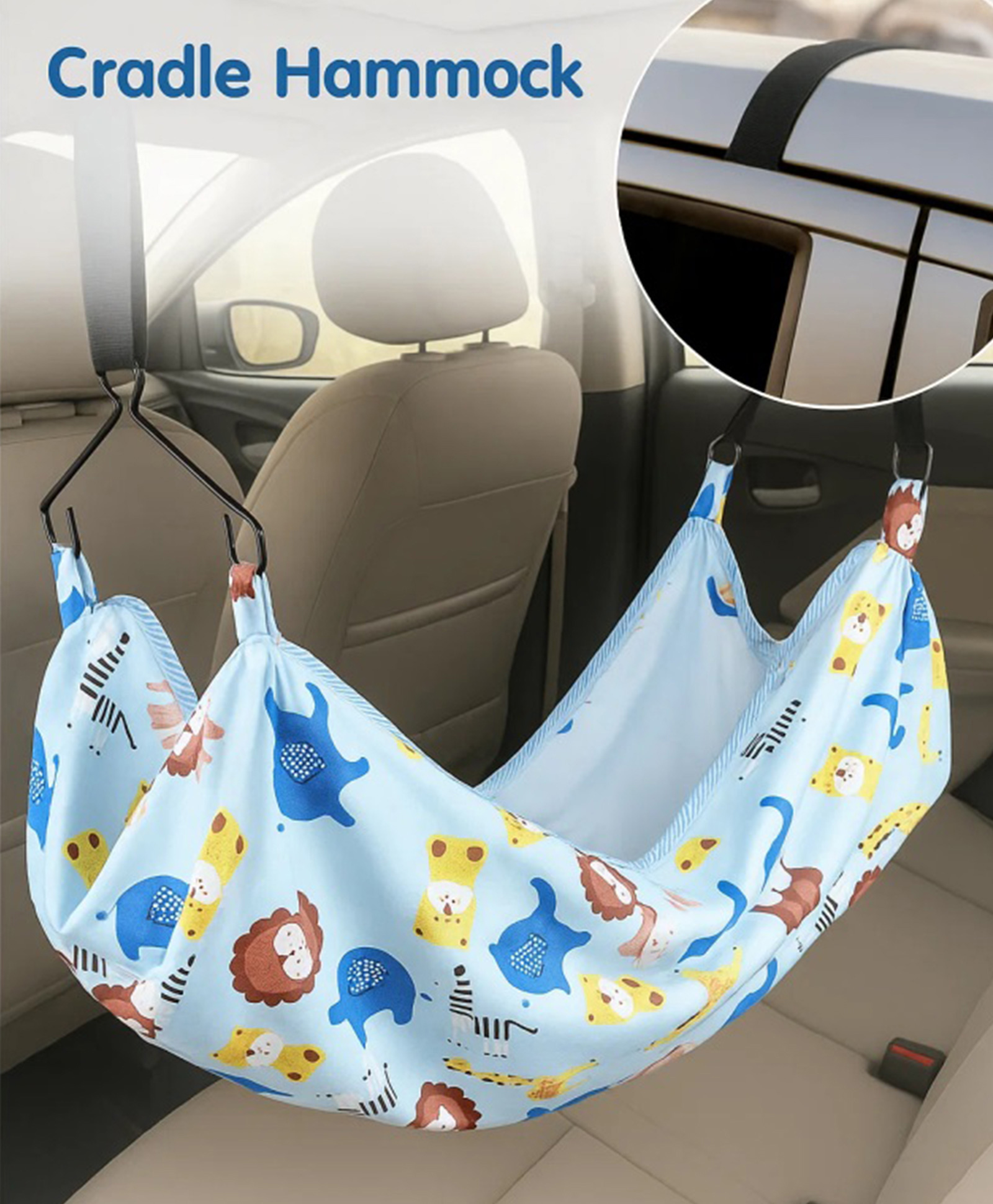 Car cum Cradle HammockPortable Travel Cloth Jhula with Adjustable Belt Hangers Animal Print - Light Blue-image-0
