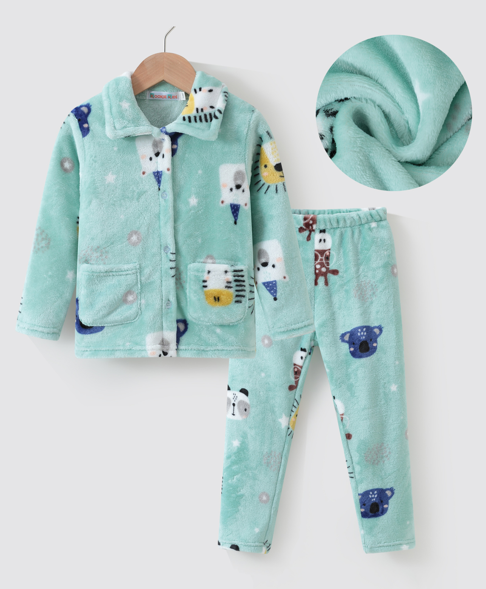 Kookie Kids Full Sleeves Front Open Winter Night Suit with Bear Print - Green-image-38