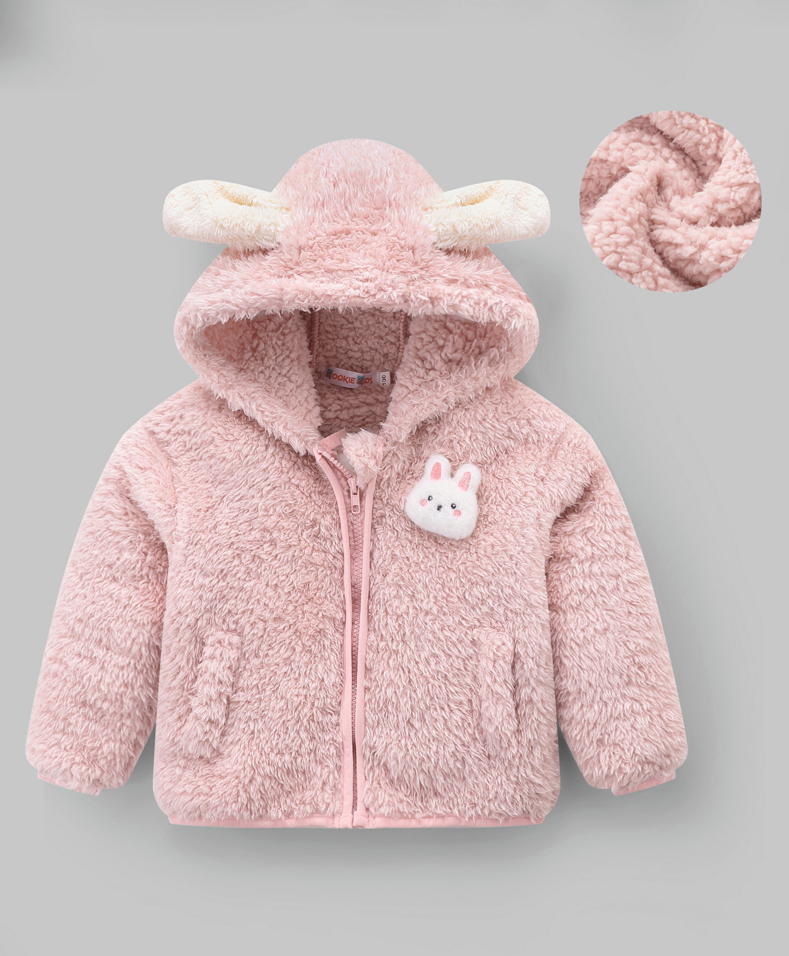 Kookie Kids Full Sleeves Front Open Hooded Fur Jacket With Bunny & Ears Applique - Pink-image-37