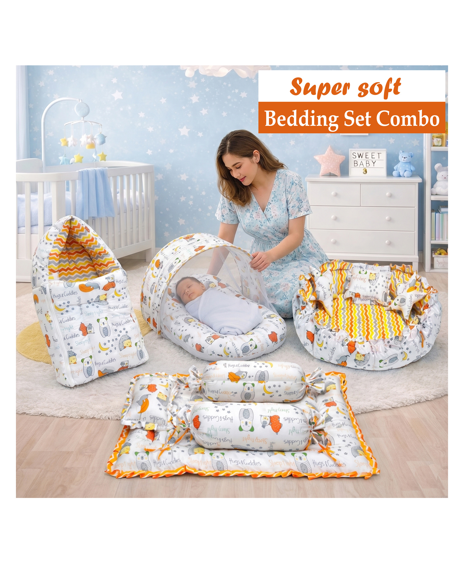 Fareto Complete Bedding Set Essentials Combo For Baby Good Night,orange-picture-26
