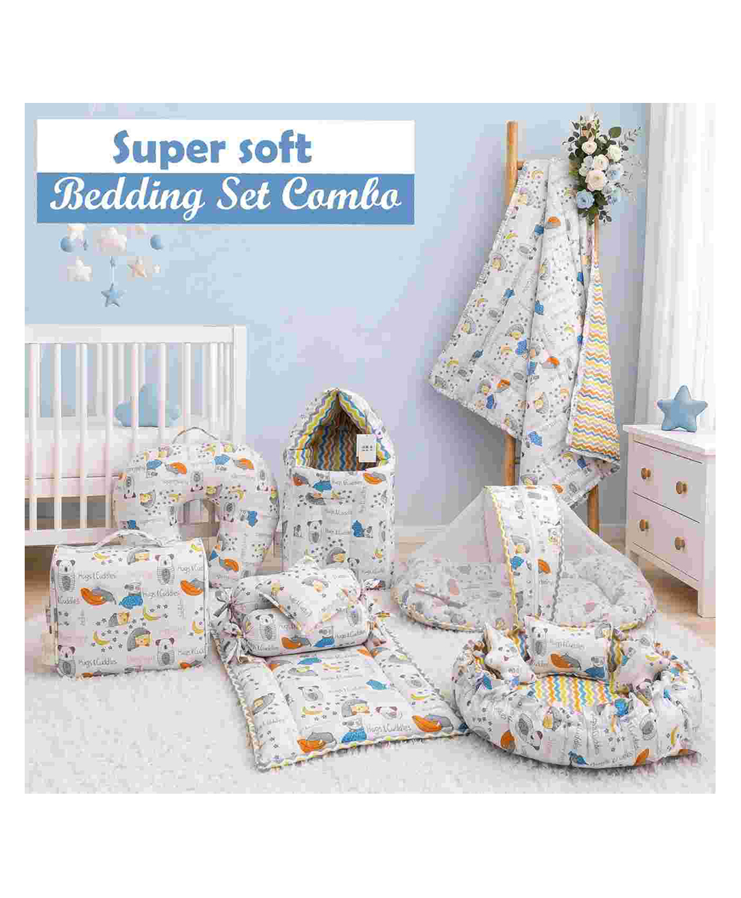 Fareto Baby Bedding Essentials 1 Nest,1 Net Bed,1 Carry Bed,1 Bolster Set,1 Carry Bag,1 Portable Bed,1 Feeding Pillow,1 Blanket (0-6 M)(Good Night Blue)-image-23