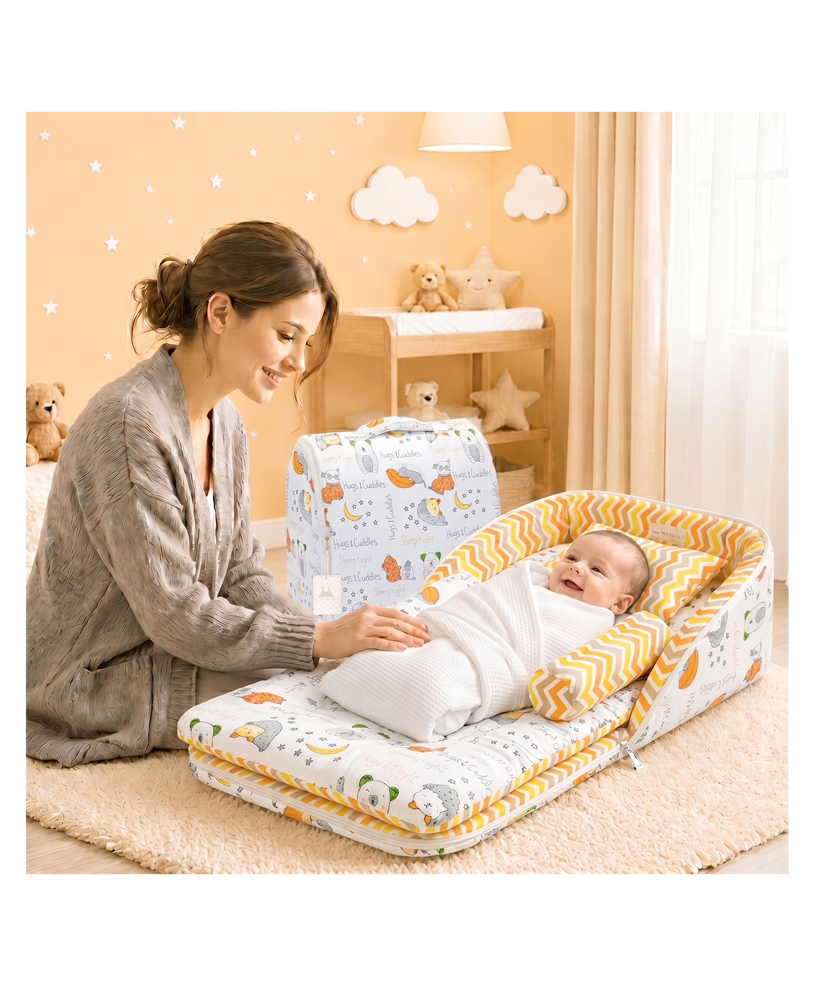 FARETO BABY NEST LITE PORTABLE BED, TRAVEL FRIENDLY INFANT SLEEPING BEDDING SET, BABY SLEEPING NEST SLEEPING BAG FOR KIDS PORTABLE GOOD NIGHT orange-image-21