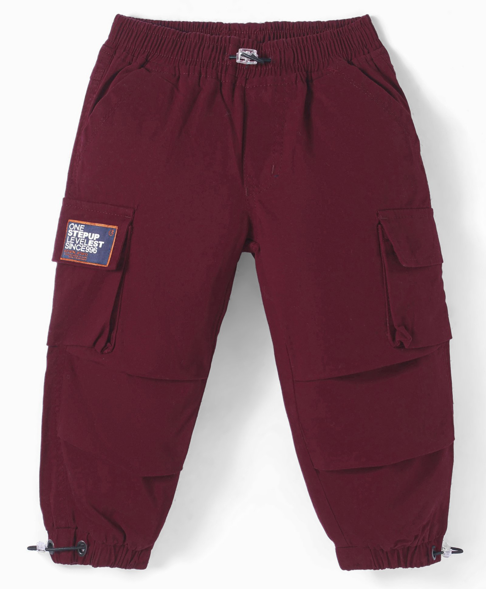 Little Kangaroos Woven Full Length Solid Color Cargo Jeans with Pockets - Maroon-image-12