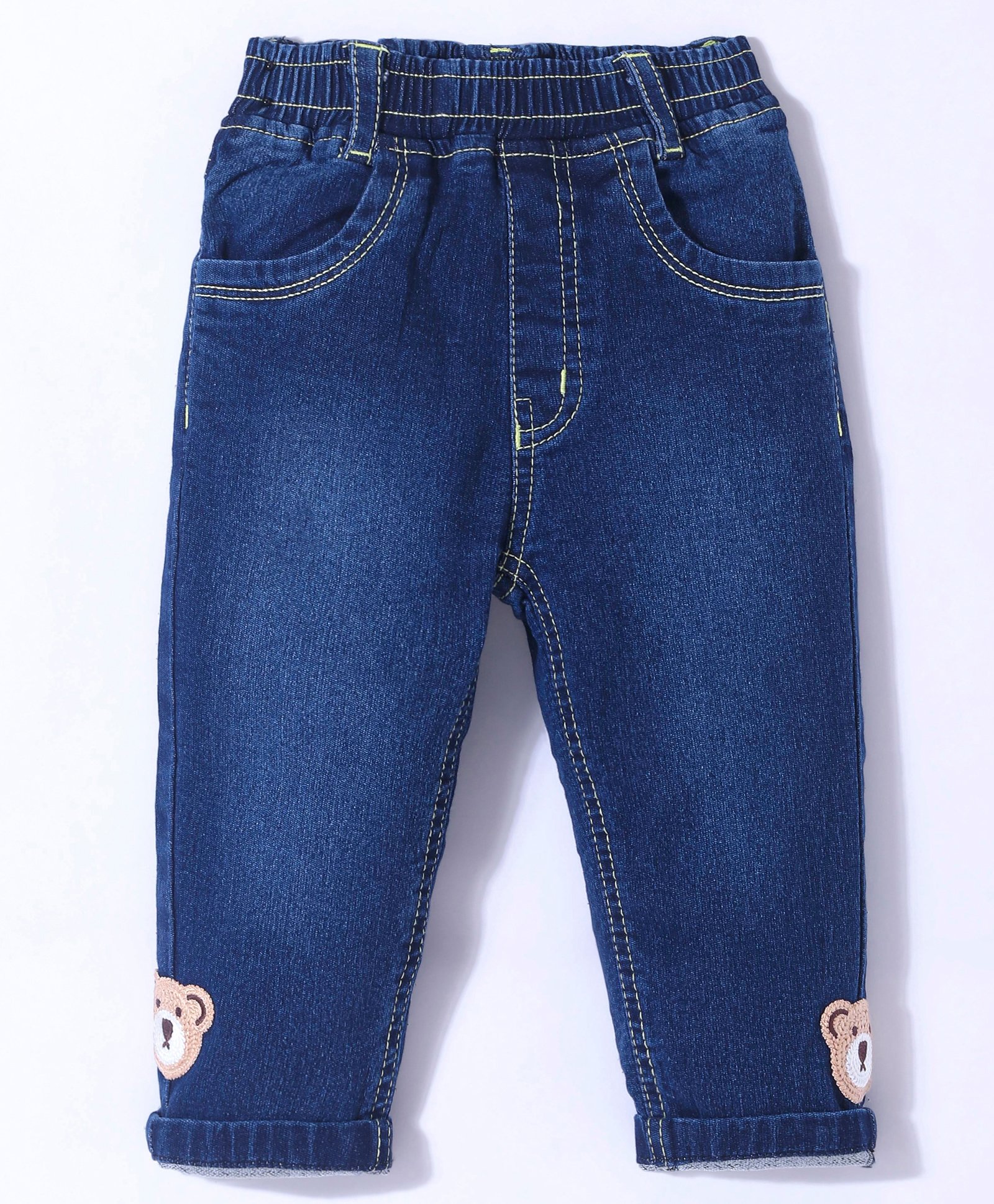 Little Kangaroos 100 % Cotton Denim Full Length Jeans with Bear Embroidery Detailing - Dark Blue-picture-24
