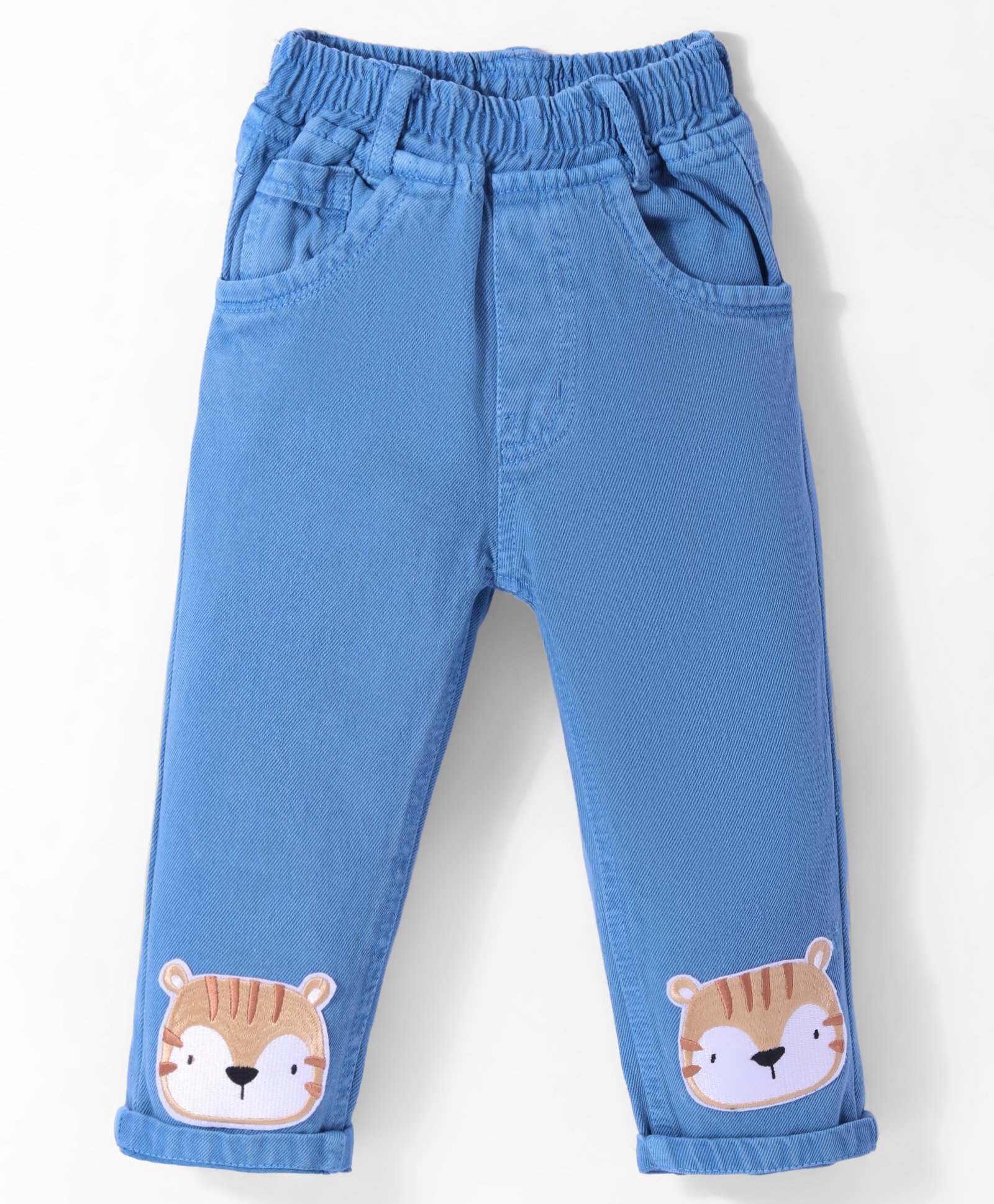 Little Kangaroos 100% Cotton Woven Full Length Comfort Fit Washed Denim Jeans With Tiger Patch- Blue-picture-23