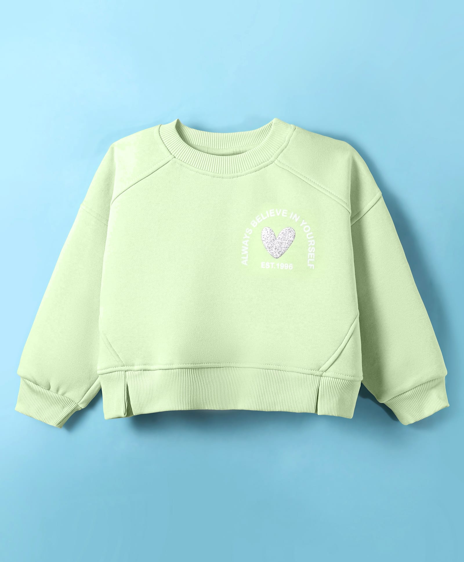 Little Kangaroos Cotton Full Raglan Sleeves Sweatshirt with Glitter Heart Detailing - Lime Green-image-38