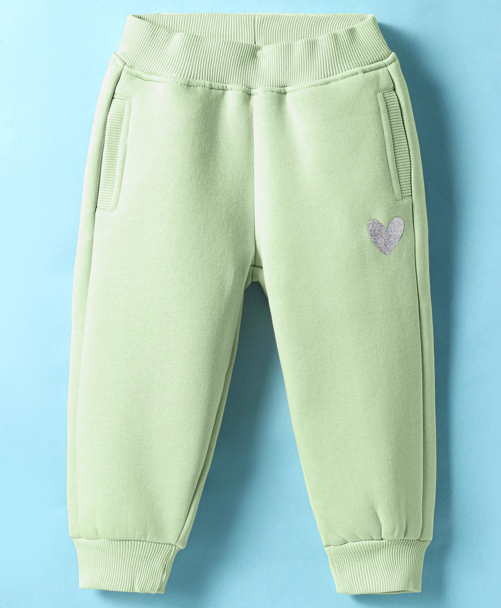 Little Kangaroos Cotton Full Length Fleece Pant Heart Print - Light Green-image-36
