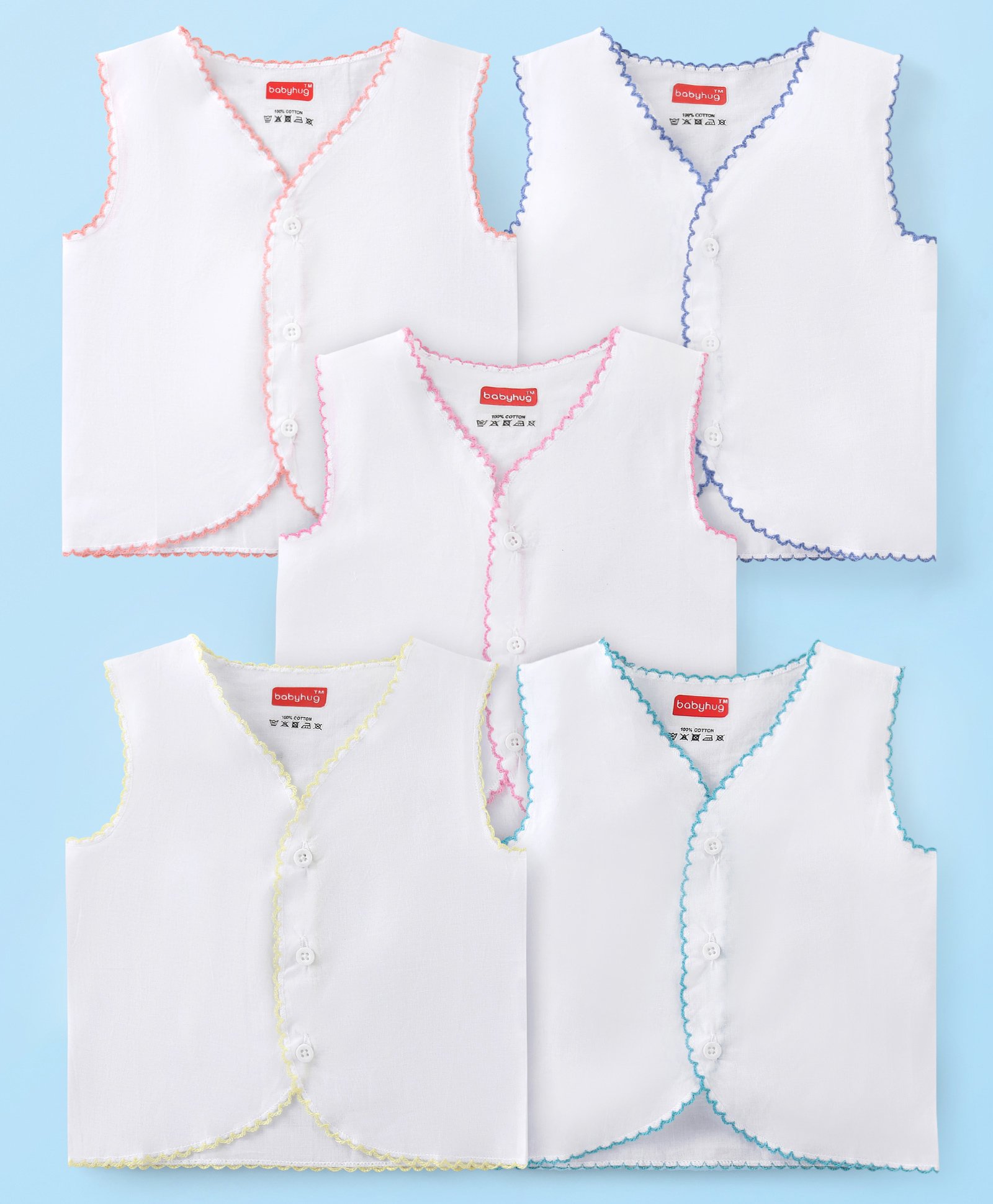 Babyhug 100% Cotton Woven Sleeveless Front Open Solid Color Jhabla Pack of 5- White-picture-11