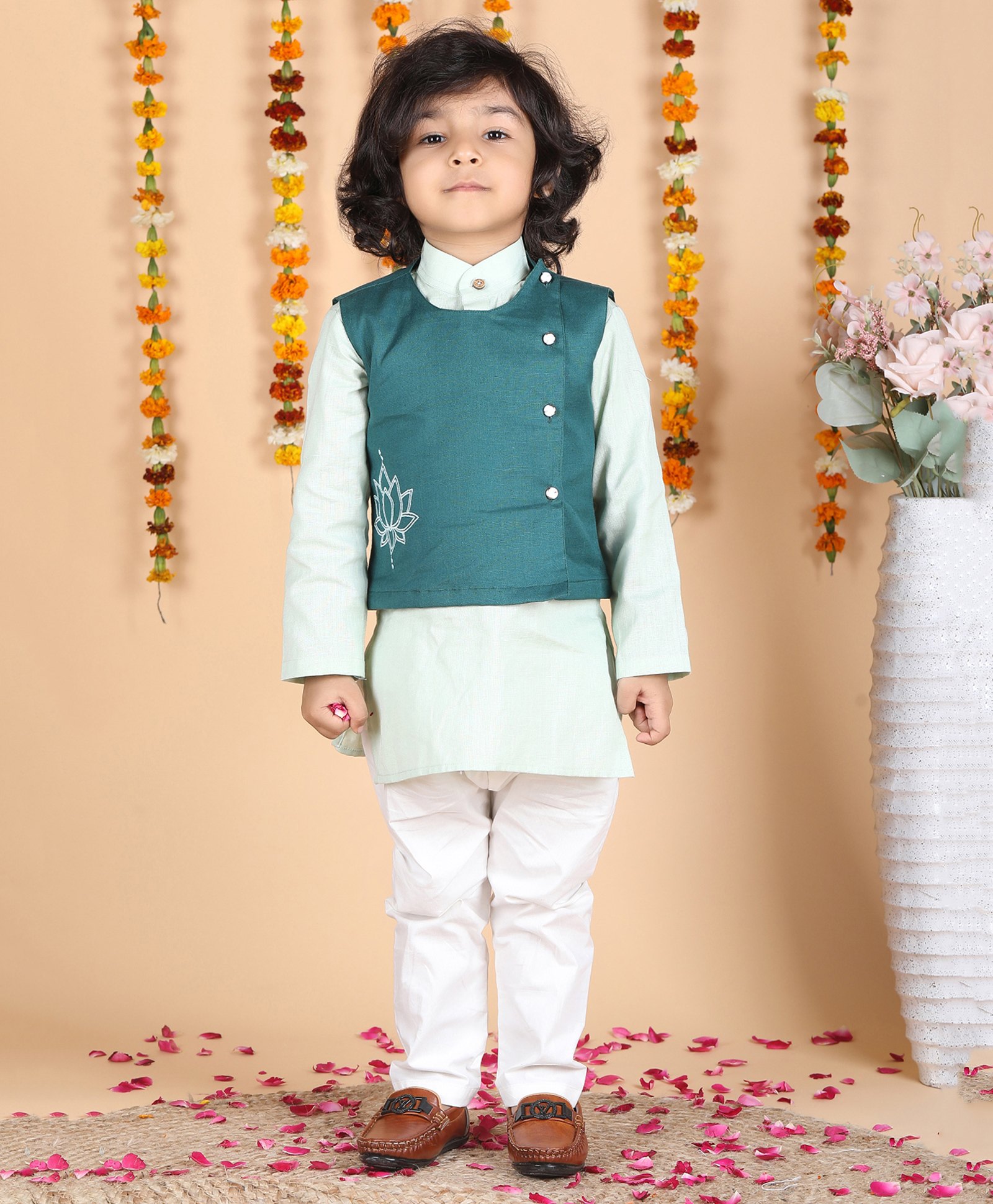 Polka Tots Cotton Full Sleeves Solid Kurta Pyjama With Floral  Embroidered Jacket - Green-image-39