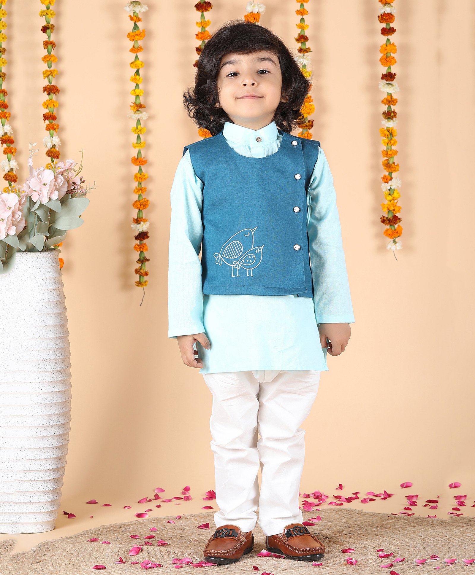 Polka Tots Cotton Full Sleeves Solid Kurta Pyjama With Bird  Embroidered Jacket - Blue-image-13