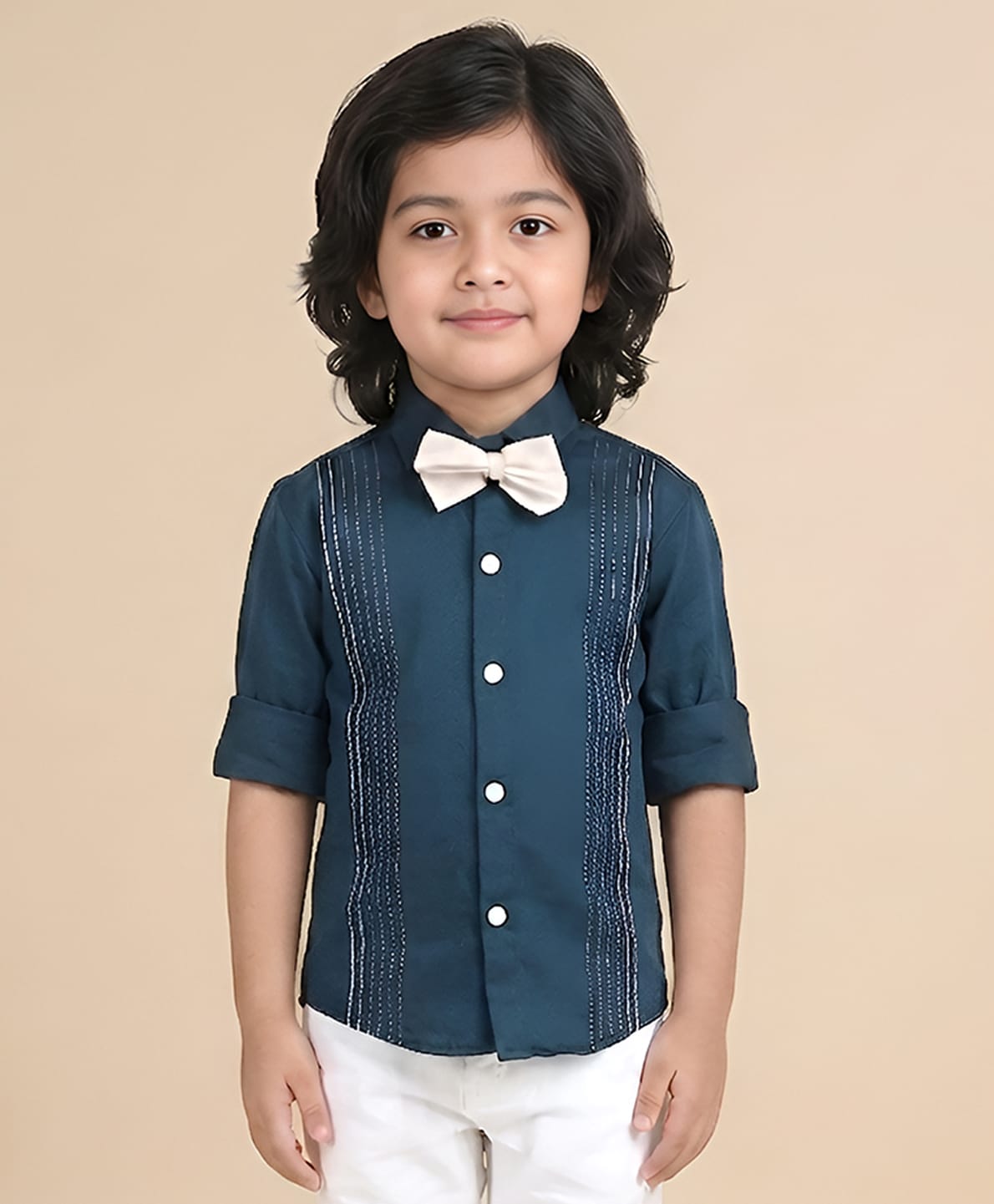 Polka Tots Cotton Full Sleeves Striped Shirt With Bow Tie  - Blue-image-7
