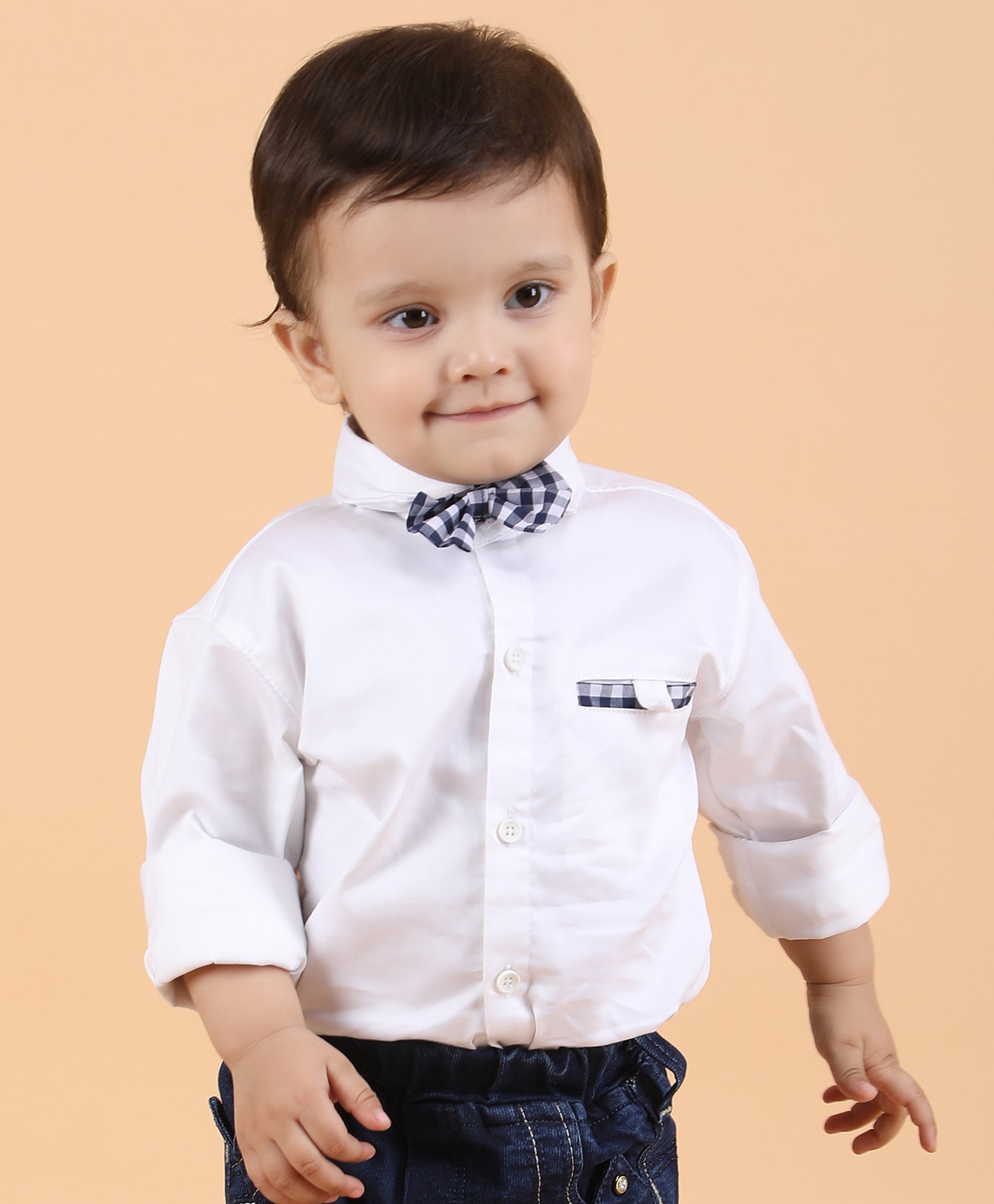 Polka Tots Cotton Full Sleeves Checked Shirt With Bow Tie  - White-image-28