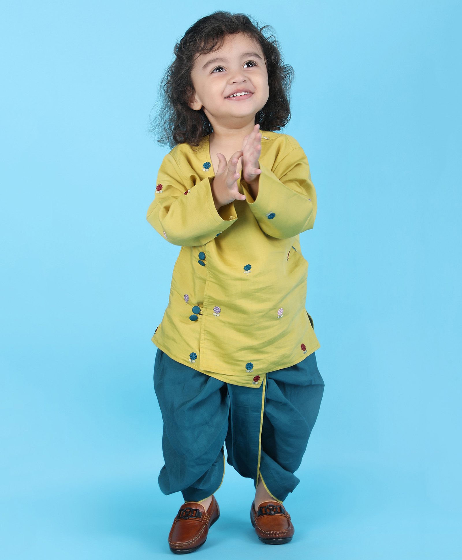 Polka Tots Silk Full Sleeve Flower Embroidered Kurta With Dhoti  - Green-picture-16