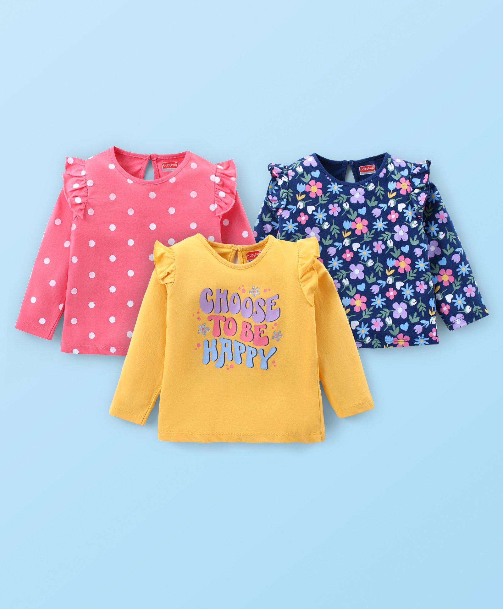 Babyhug Cotton Knit Frill Sleeves Top with Floral & Polka Dot Print Pack of 3 - Pink Blue & Yellow-image-36